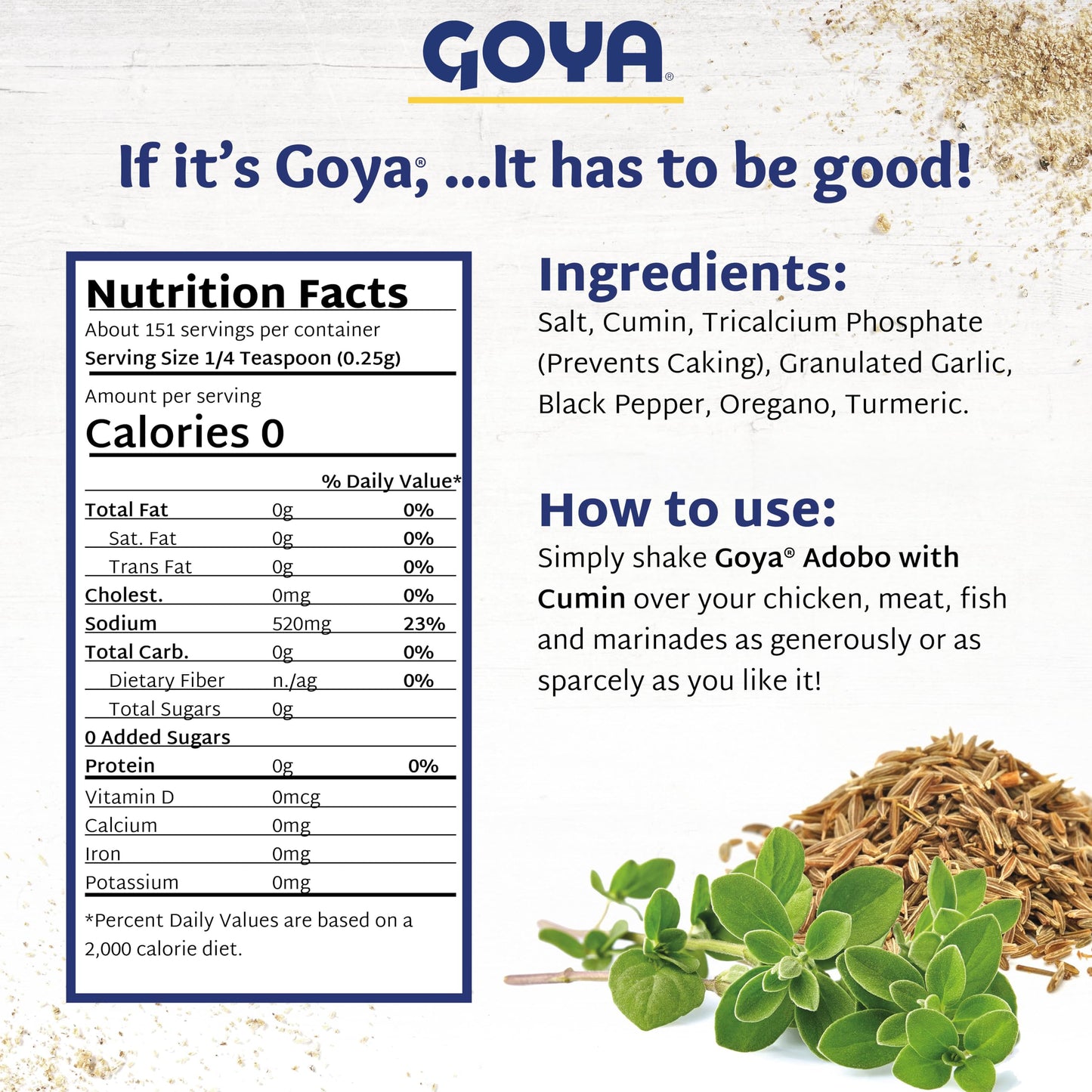 Adobo All Purpose Seasoning with Cumin by Goya, Poultry, Seafood, Meat, and Vegetable Seasoning, Latin Spice Blend, Mexican Seasoning, 8oz. Bottle