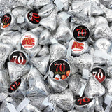 Happy 70th Birthday Party Favor Labels Chocolate Kisses Candy Stickers - 70 Years Old Birthday Round Candy Sticker Party Favors - Black and Red - 150