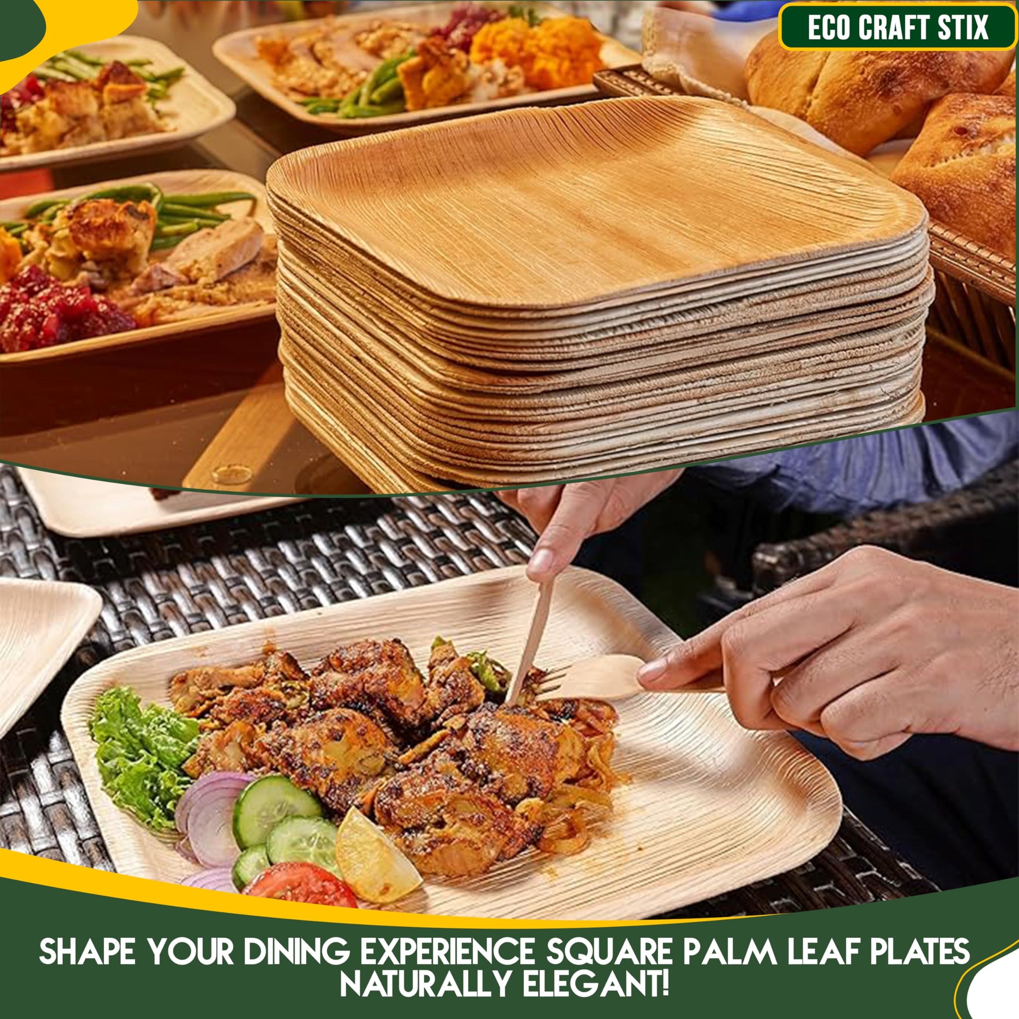Eco Craft Stix 10 inch Square Palm Leaf Plates. Eco Friendly Dinnerware. Pack of 25 Plates. Eco-Friendly and Compostable Palm Plates. Sturdy