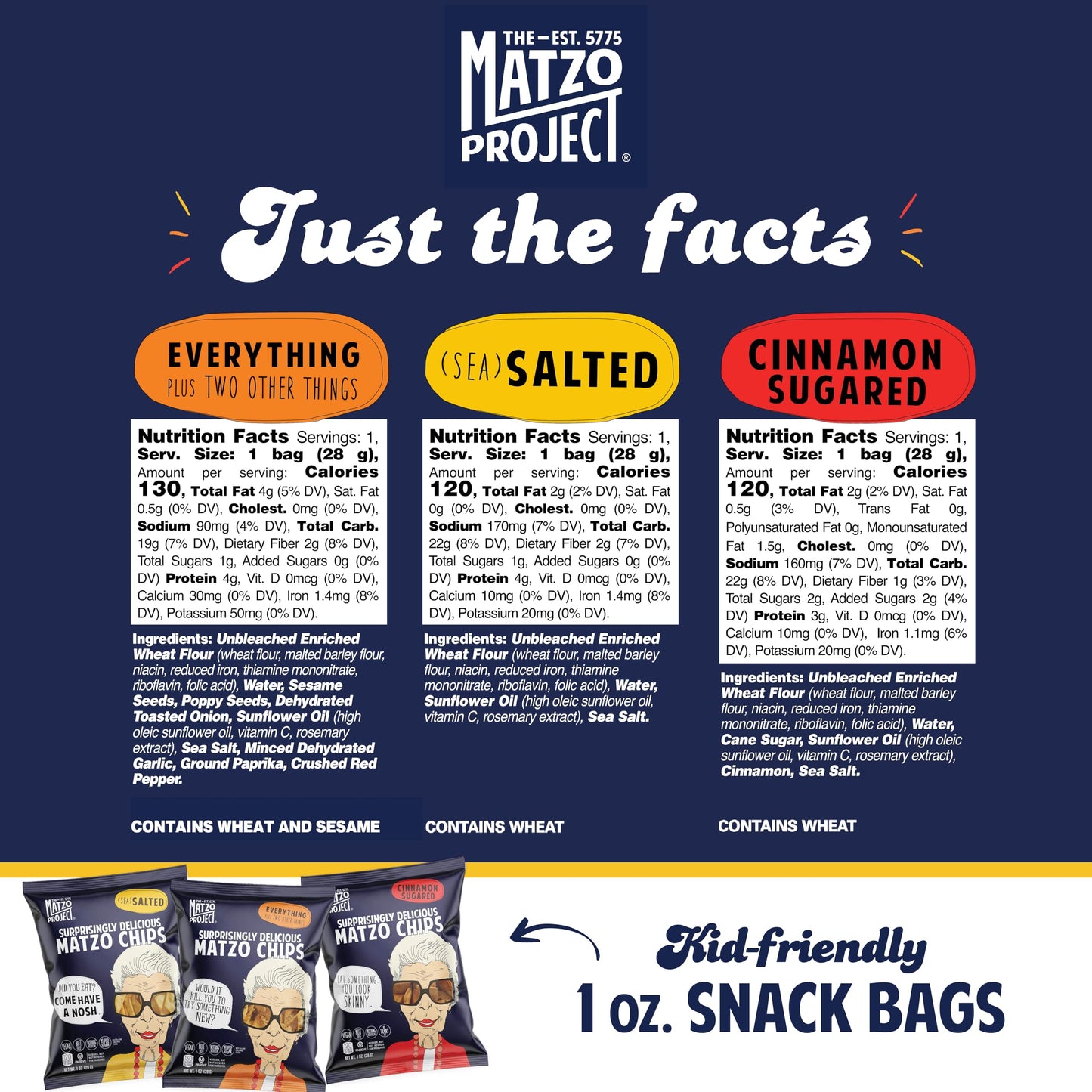 Matzo Chips, Variety Pack of 24 Snack Bags, 1 Oz., 6 of Each Flavor (Everything, Salted, Cinnamon Sugared) from The Matzo Project, Kosher (But Not