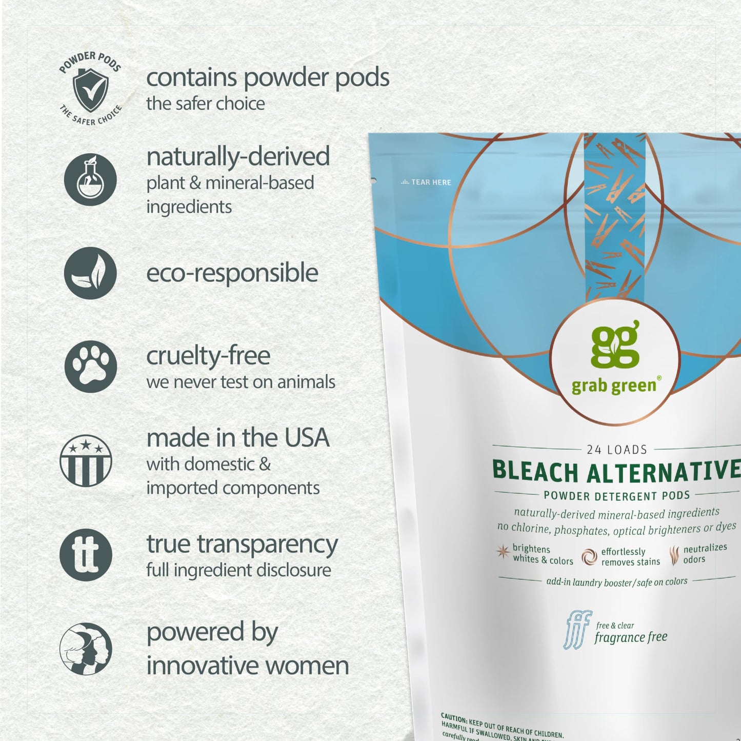 Grab Green Bleach Alternative Pods, 60 Count, Chlorine Free, Fragrance Free, Plant and Mineral Based, Laundry Booster to Brighten Whites, Removes