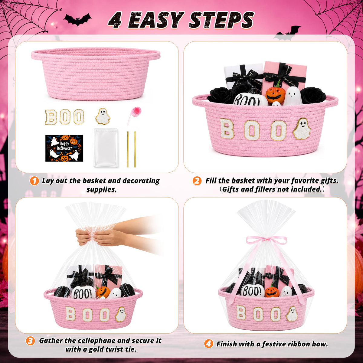 MELLBAY Halloween Boo Gift Basket, Pink Boo Trick or Treat Buckets