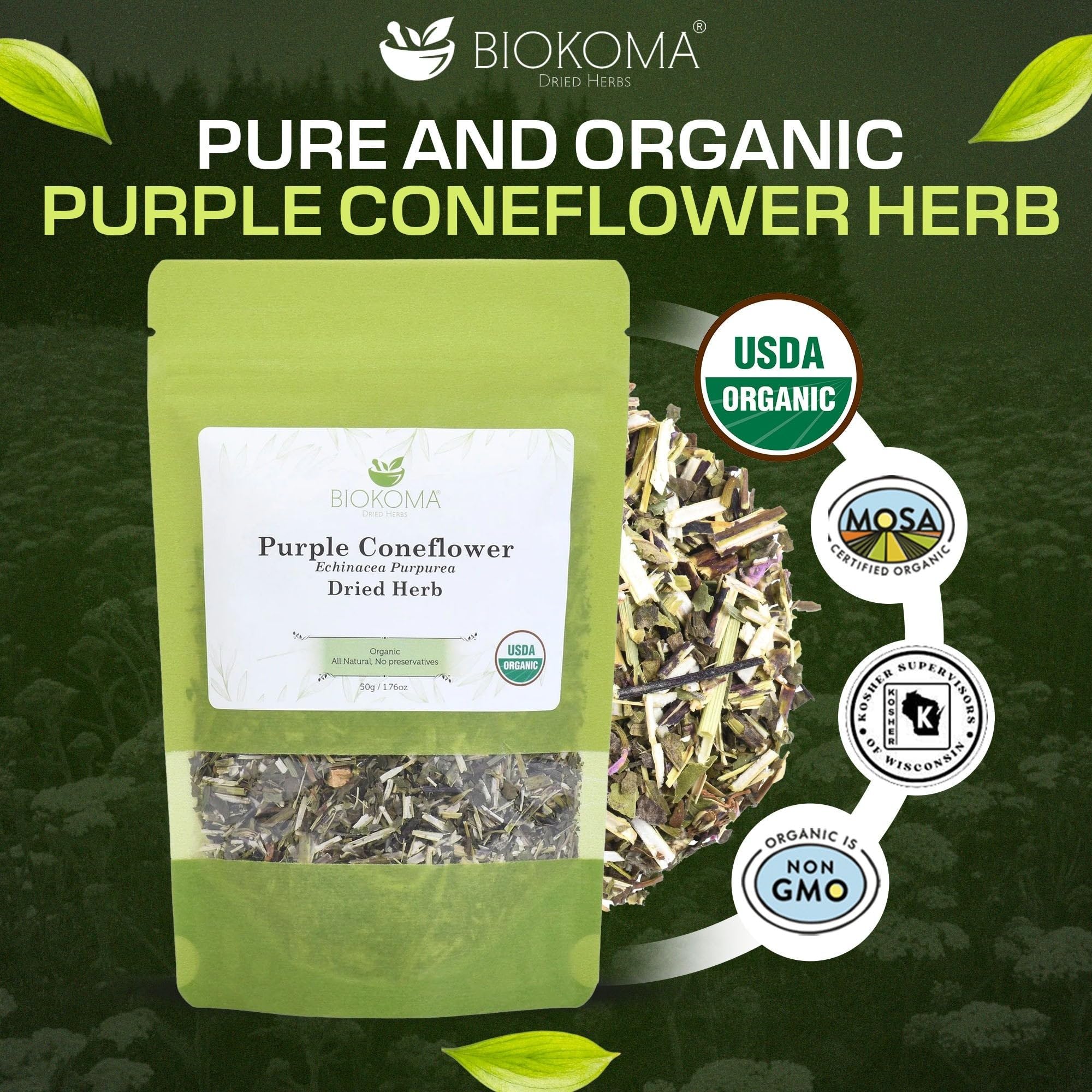 Biokoma Organic Purple Coneflower Dried Herb 50g (1.76oz) in Resealable Moisture Proof Pouch, USDA Certified Organic - Herbal Tea, No Additives, No