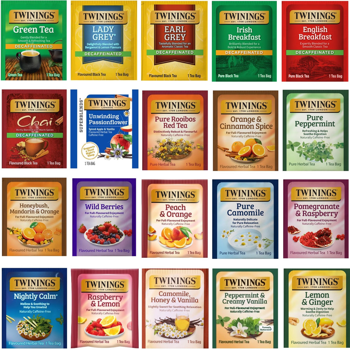 Twinings Herbal & Decaf Tea Variety Pack - Decaf Tea Sampler - Individually Wrapped Herbal Tea Bags, Green Decaf, Lady Grey Decaf, Earl Grey Decaf