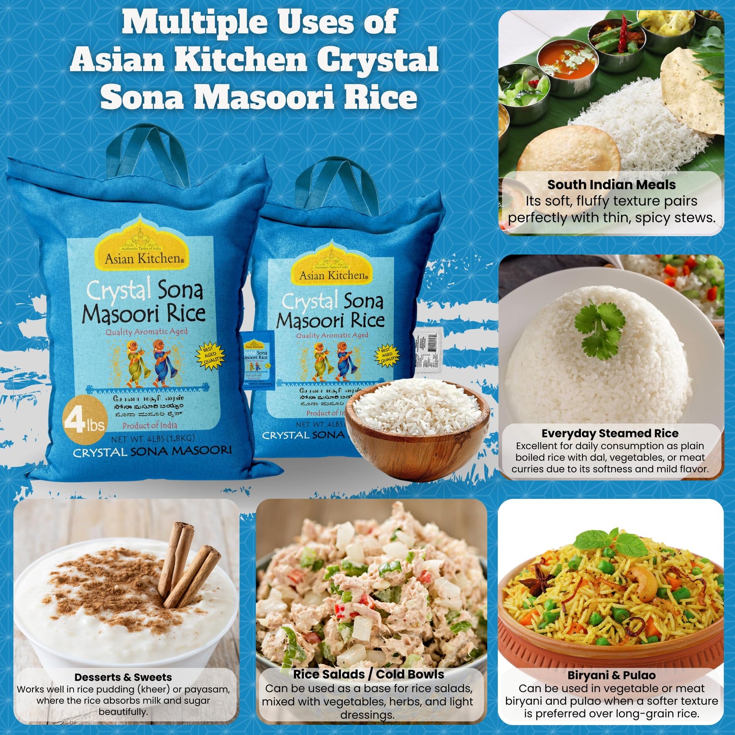 Asian Kitchen Crystal Sona Masoori Aged Rice 4-Pound Bag, 4lbs (1.81kg) Short Grain Rice ~ All Natural | Gluten Friendly | Vegan | Kosher | Indian