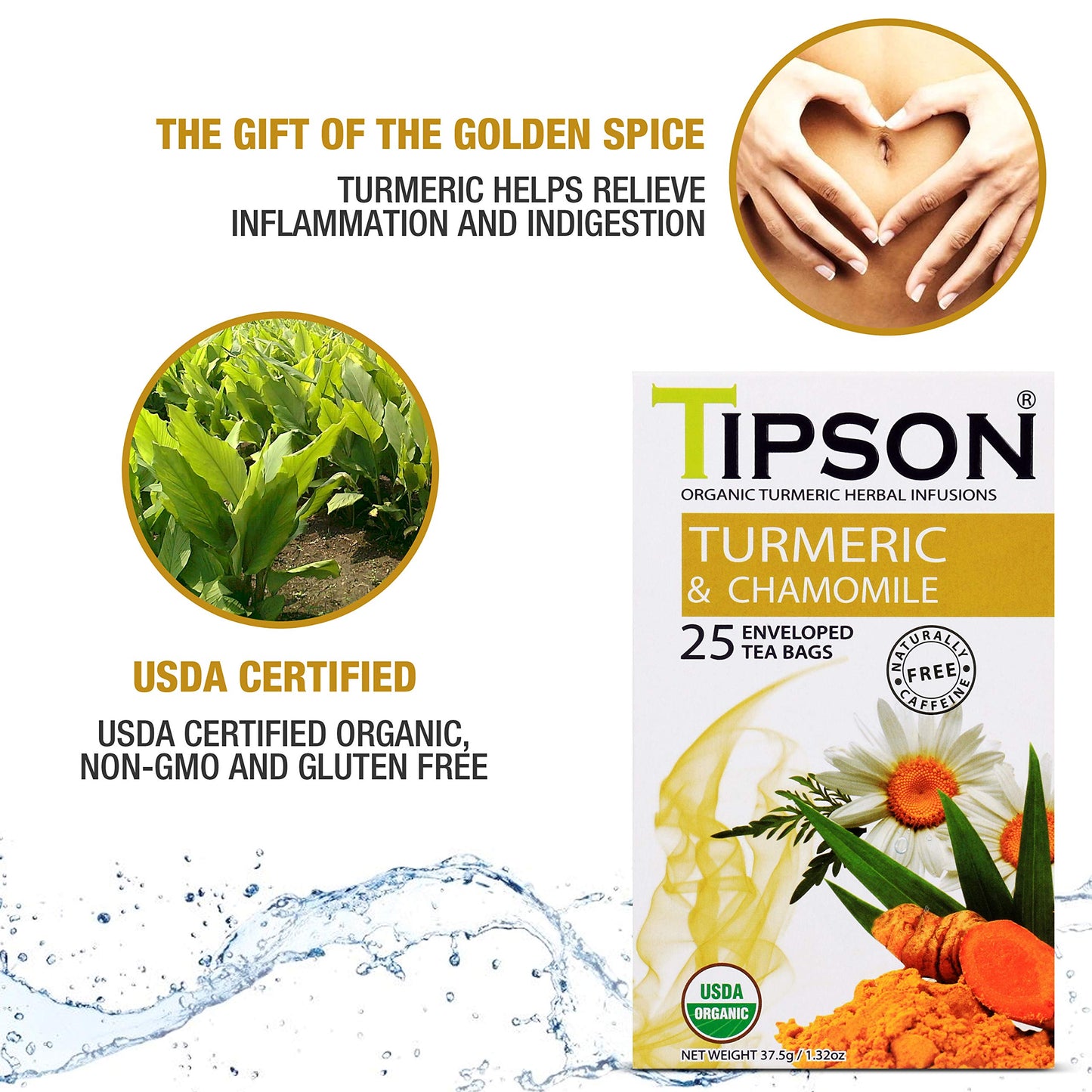 Tipson Organic Turmeric Caffeine Free Herbal Tea - Turmeric & Organic Chamomile - 25 Foil Enveloped Double Chambered Bags - Keto/Paleo