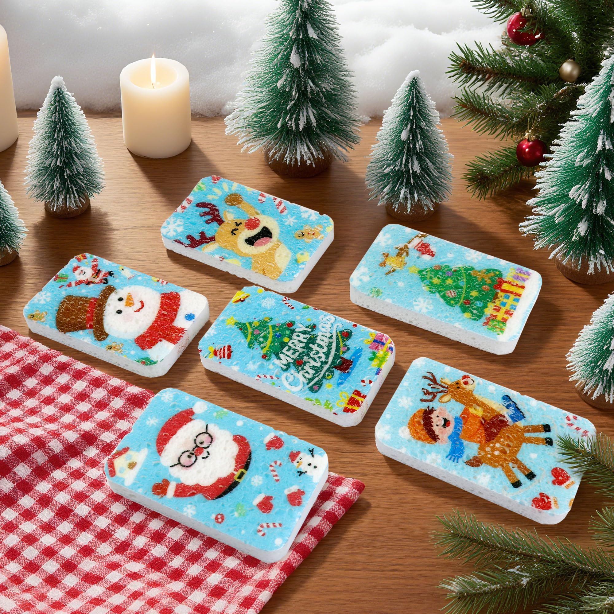 Christmas Theme Kitchen Sponge (12Pack) - Wood Pulp & Coconut Scrubber Sponges, High-Absorption Dishwashing Sponge with Festive Designs, Strong
