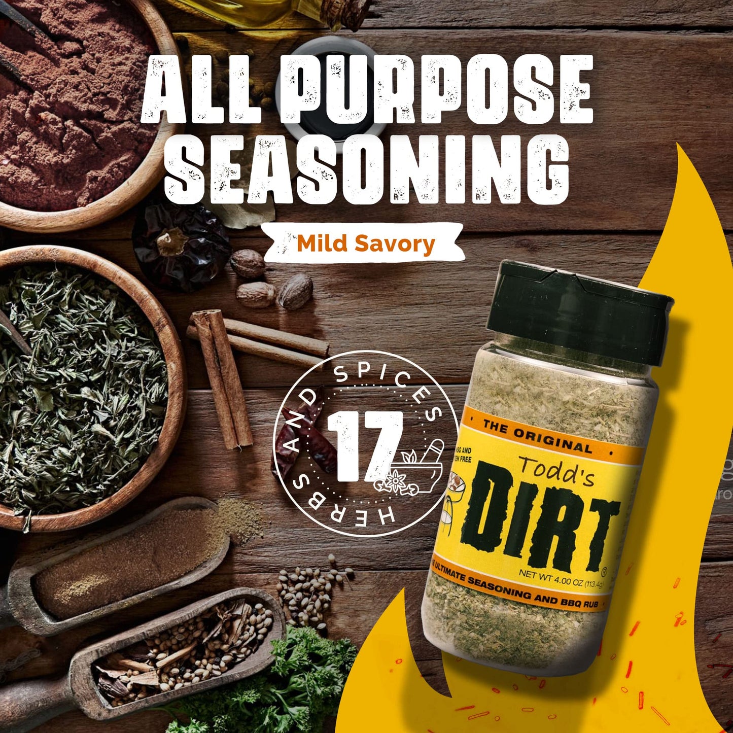 Todd’s DIRT - Original DIRT Medium 4.0 oz Bottle, All Purpose Seasoning & BBQ Rub, Gourmet Mild Savory Seasoning/Rub that’s GREAT ON EVERYTHING, 100%