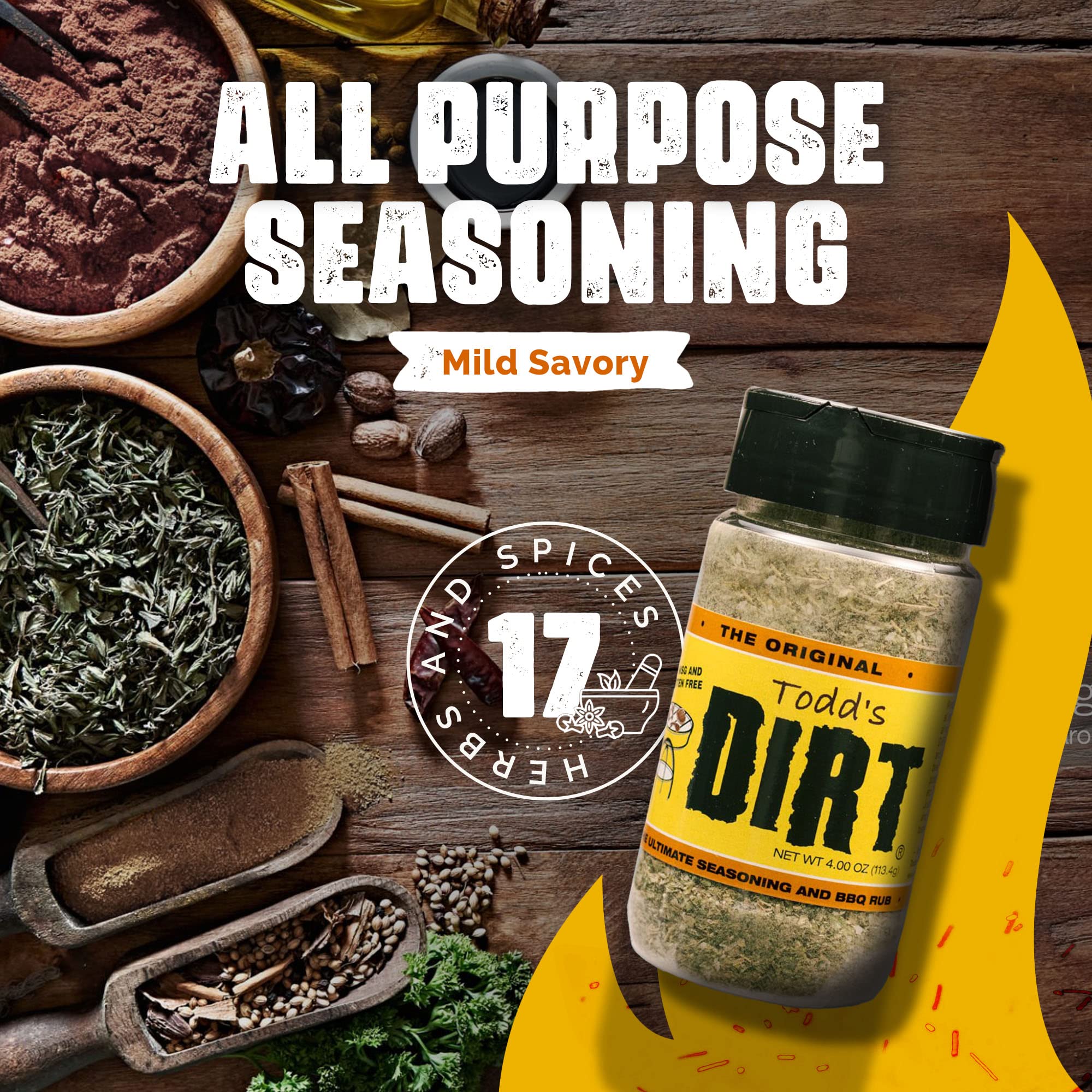 Todd’s DIRT - Original DIRT Medium 4.0 oz Bottle, All Purpose Seasoning & BBQ Rub, Gourmet Mild Savory Seasoning/Rub that’s GREAT ON EVERYTHING, 100%