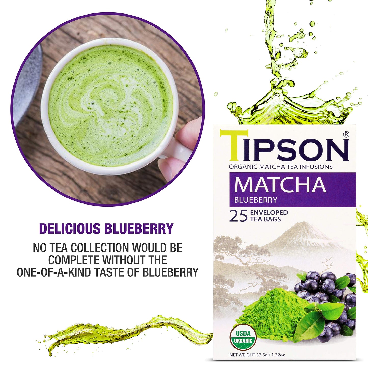 Tipson Organic Matcha Green Tea - Blueberry Flavor - 25 Foil Enveloped Double Chambered Bags - Keto/Paleo