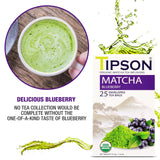 Tipson Organic Matcha Green Tea - Blueberry Flavor - 25 Foil Enveloped Double Chambered Bags - Keto/Paleo