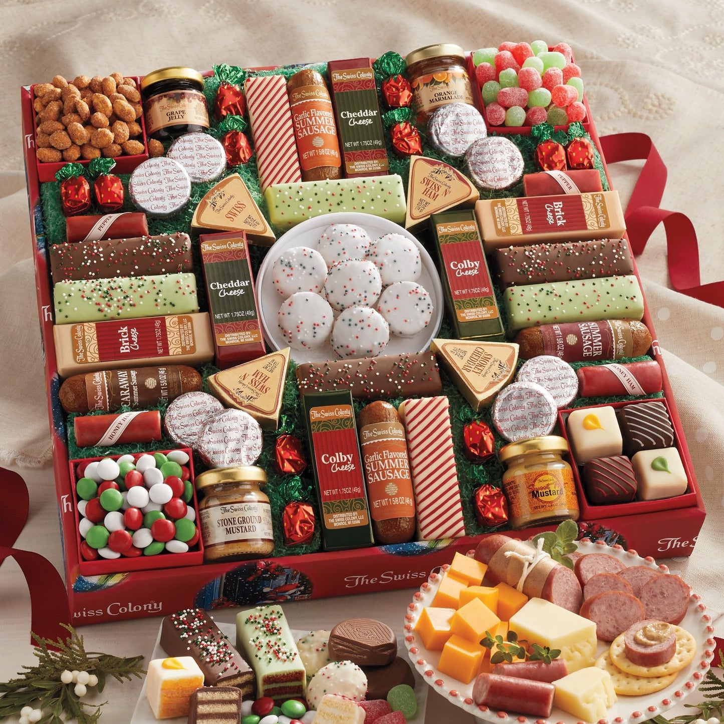2 Holiday Gift Boxes - The Swiss Colony 43 Season Pleasers - Assorted Summer Sausage Meats, Mini Meat Sticks, Cheese Bricks and Wedges, Candies