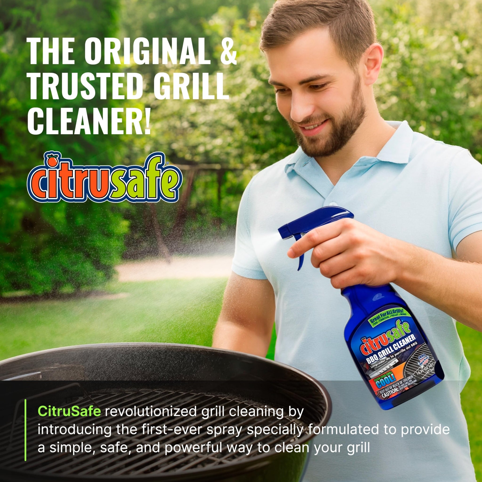 CitruSafe Grill Cleaning Kit - BBQ Grill Cleaner (16oz) and BBQ Grill Scrubber with 3 Heavy Duty Replaceable Scrubber Pads - Formulated to Safely
