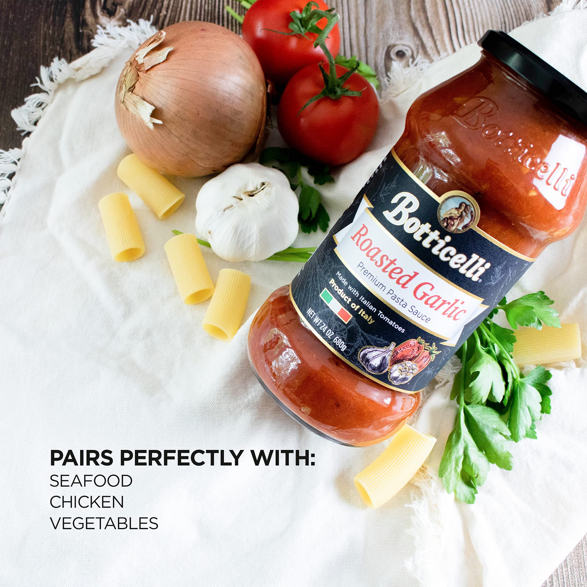 Roasted Garlic Premium Pasta Sauce by Botticelli, 24oz - No Added Sugar - Whole30 Approved - Keto Friendly - Gluten Free - Product of Italy