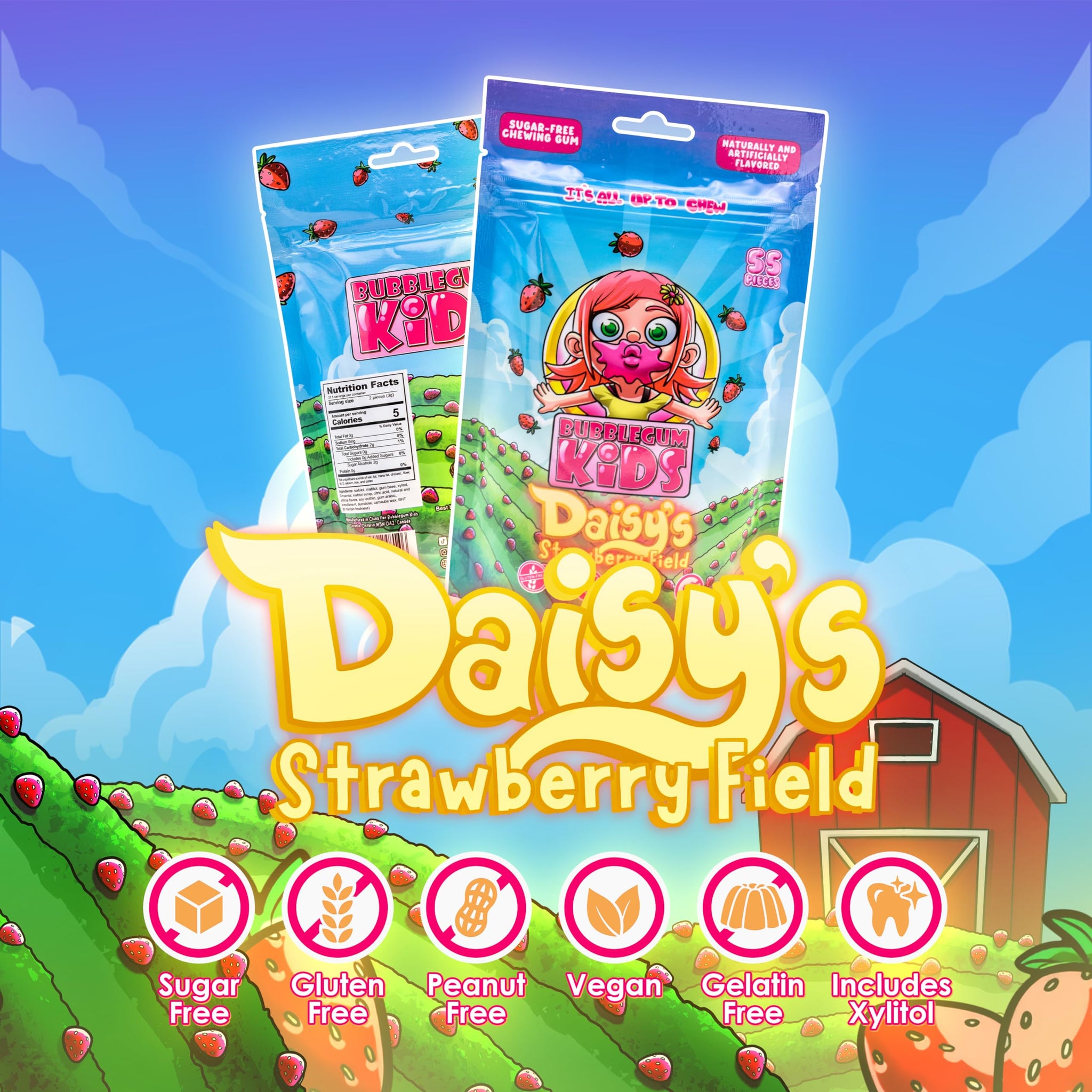 Bubblegum Kids Daisy's Strawberry Field Sugar Free Gum | Strawberry Flavor Sugarless Gum with Xylitol | Low Calorie Candy Alternative for Kids
