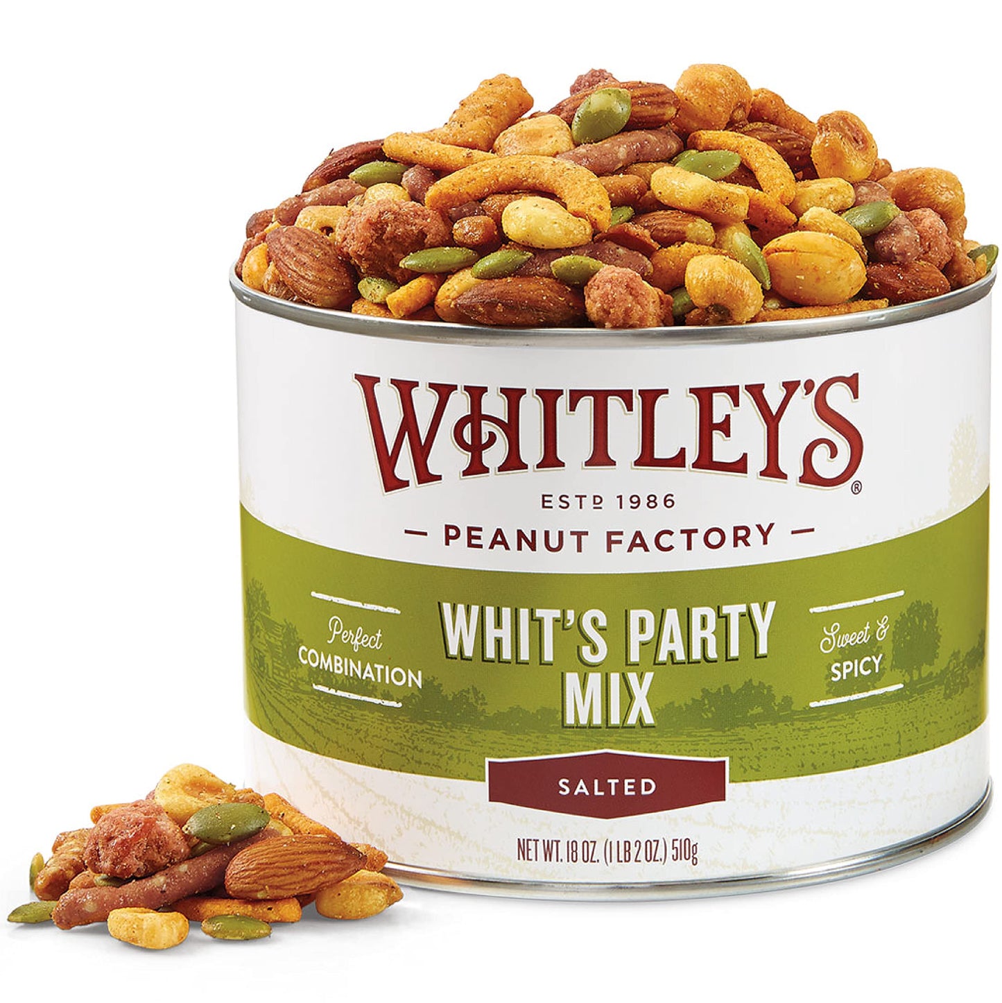 Whitley’s 'Whit's Party Mix' - Sweet & Spicy Snack Mix, Sesame Sticks, Corn Nuts, Cajun Sticks & Nuts (18 Ounce Tin)
