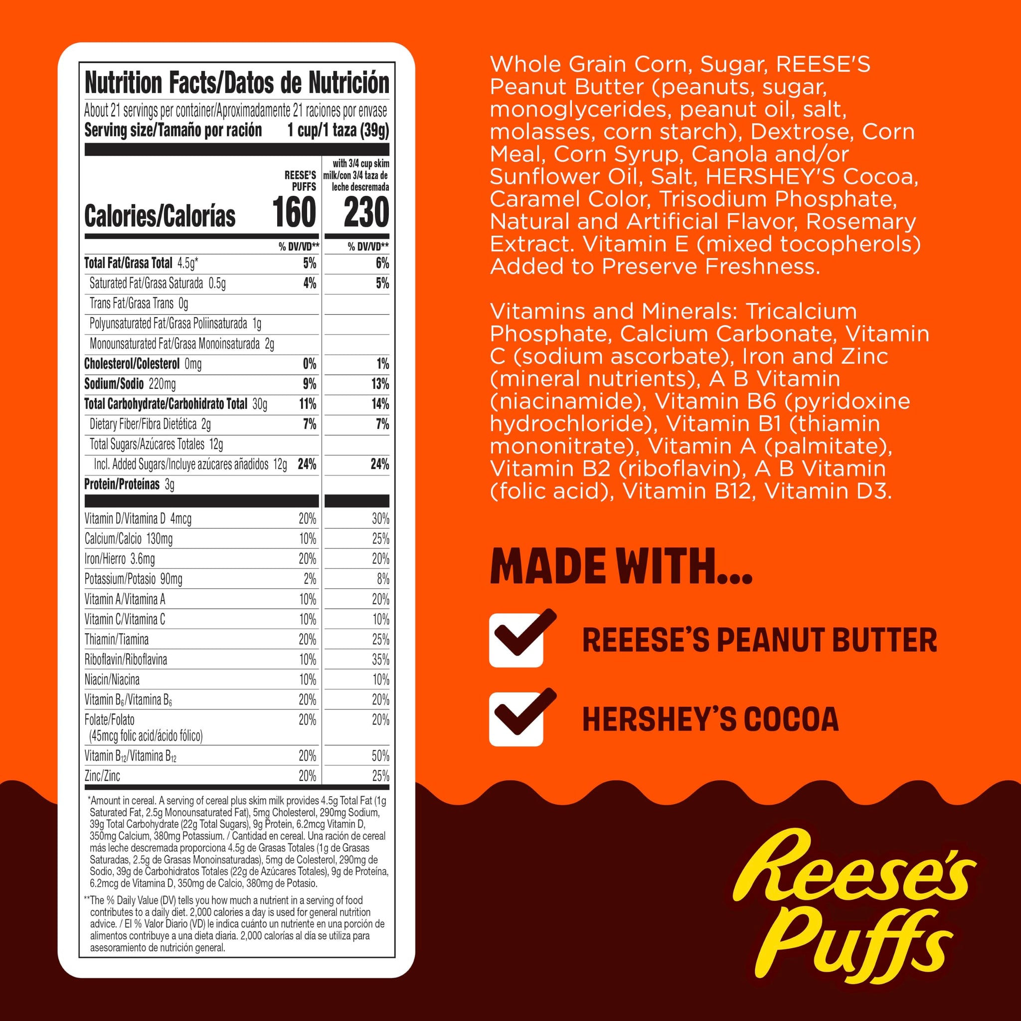REESE’S PUFFS Chocolatey Peanut Butter Cereal, Kid Breakfast Cereal, Giant Size, 29 oz