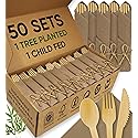EcoPreps Premium Pre Rolled Brown Paper Napkin and Bamboo Cutlery Set (50 Pack, 200 PCS) 100% Biodegradable, Disposable Wrapped Disposable Silverware