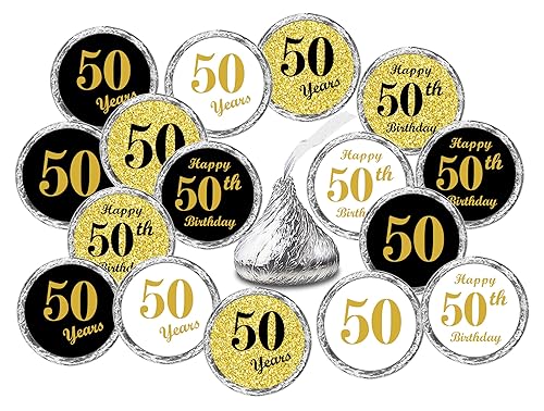 50th Birthday Kisses Stickers, (Set of 324) Chocolate Drops Labels for 50th Birthday, Party Favors Decor for Kisses. Made in USA, 9 Designs (36