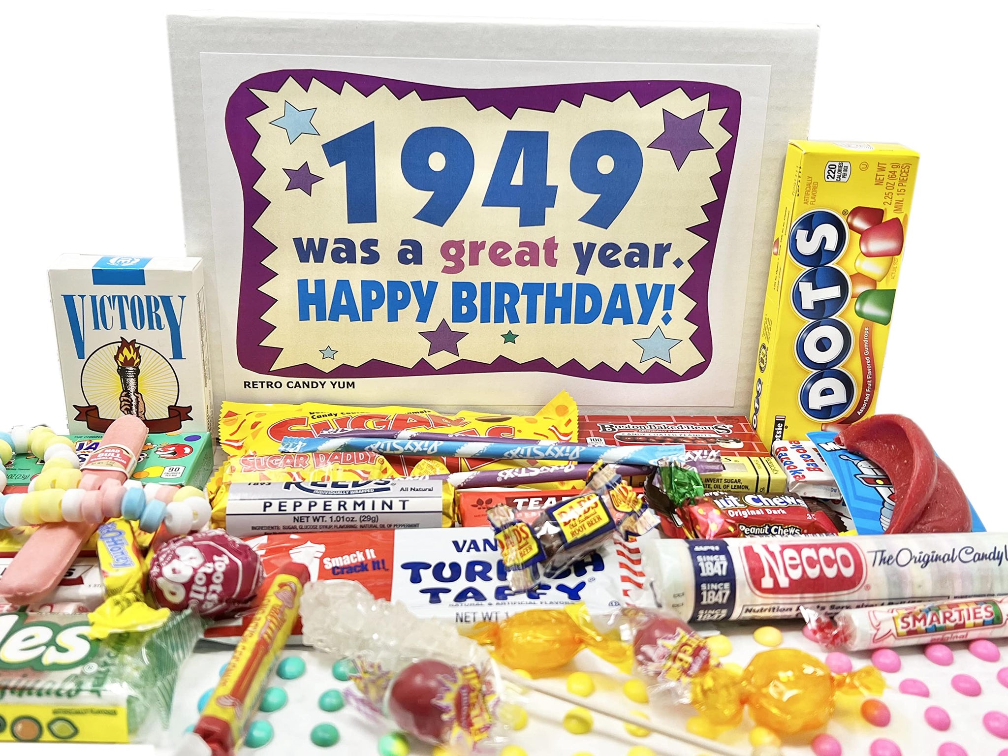 RETRO CANDY YUM ~ 1949 77th Birthday Gift Box of Nostalgic Candy Assortment from Childhood for 77 Year Old Men and Women Born 1949 Jr