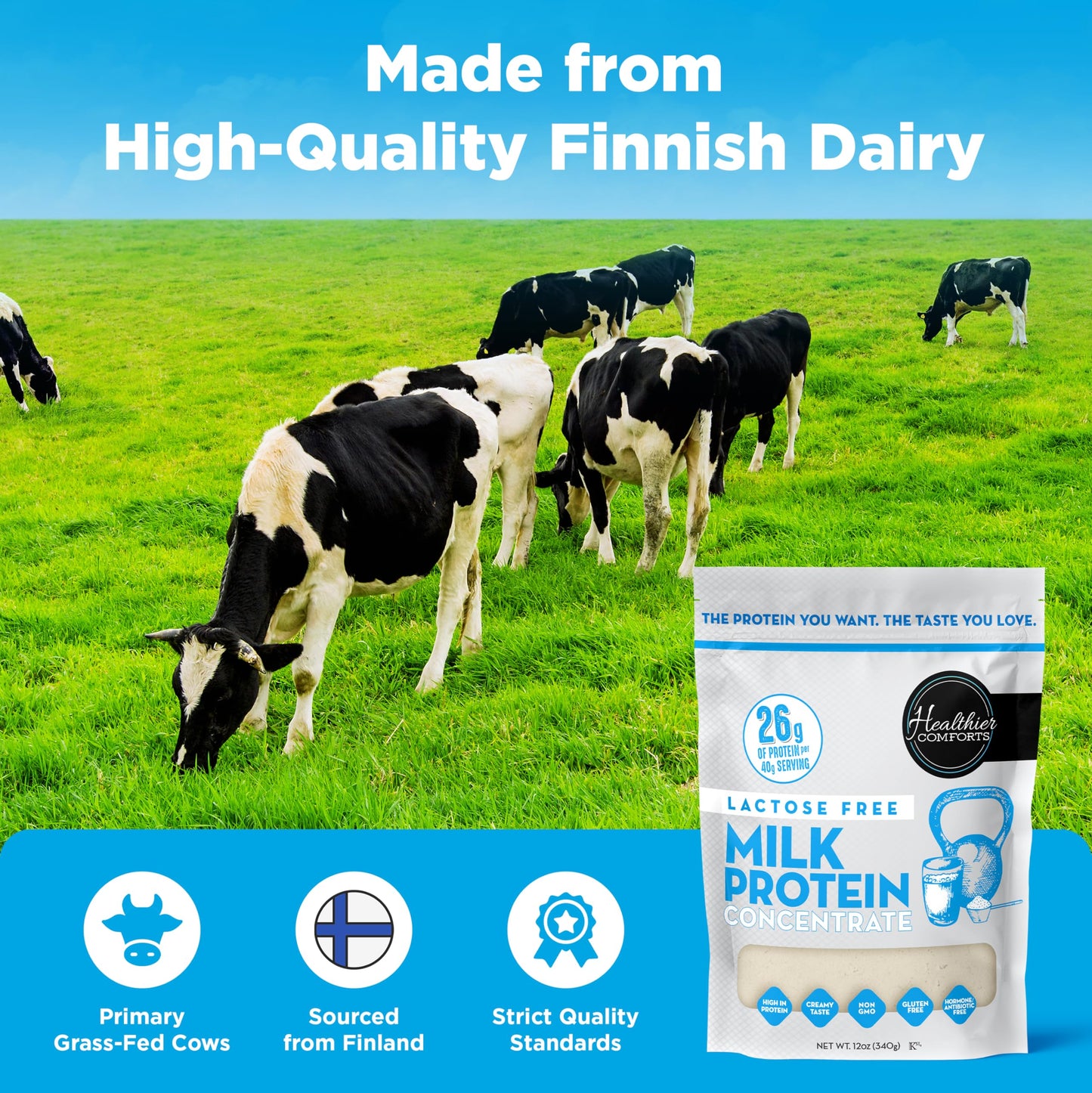 Healthier Comforts Lactose Free Milk Protein Concentrate Powder (Unflavored) | 80% Casein, 20% Whey | High Protein, Non-GMO, Hormone Free, Kosher, Gluten Free | Baking, Creamer, Shakes (12oz)