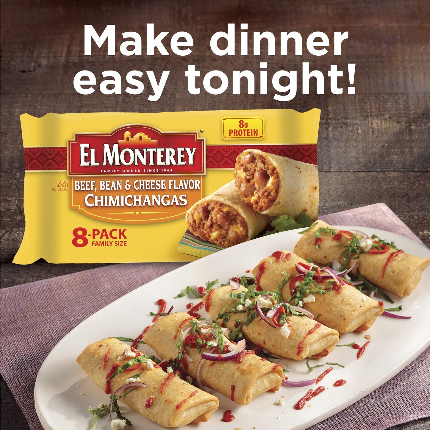 El Monterey Beef, Bean and Cheese flavor Chimichangas, 8 Ct