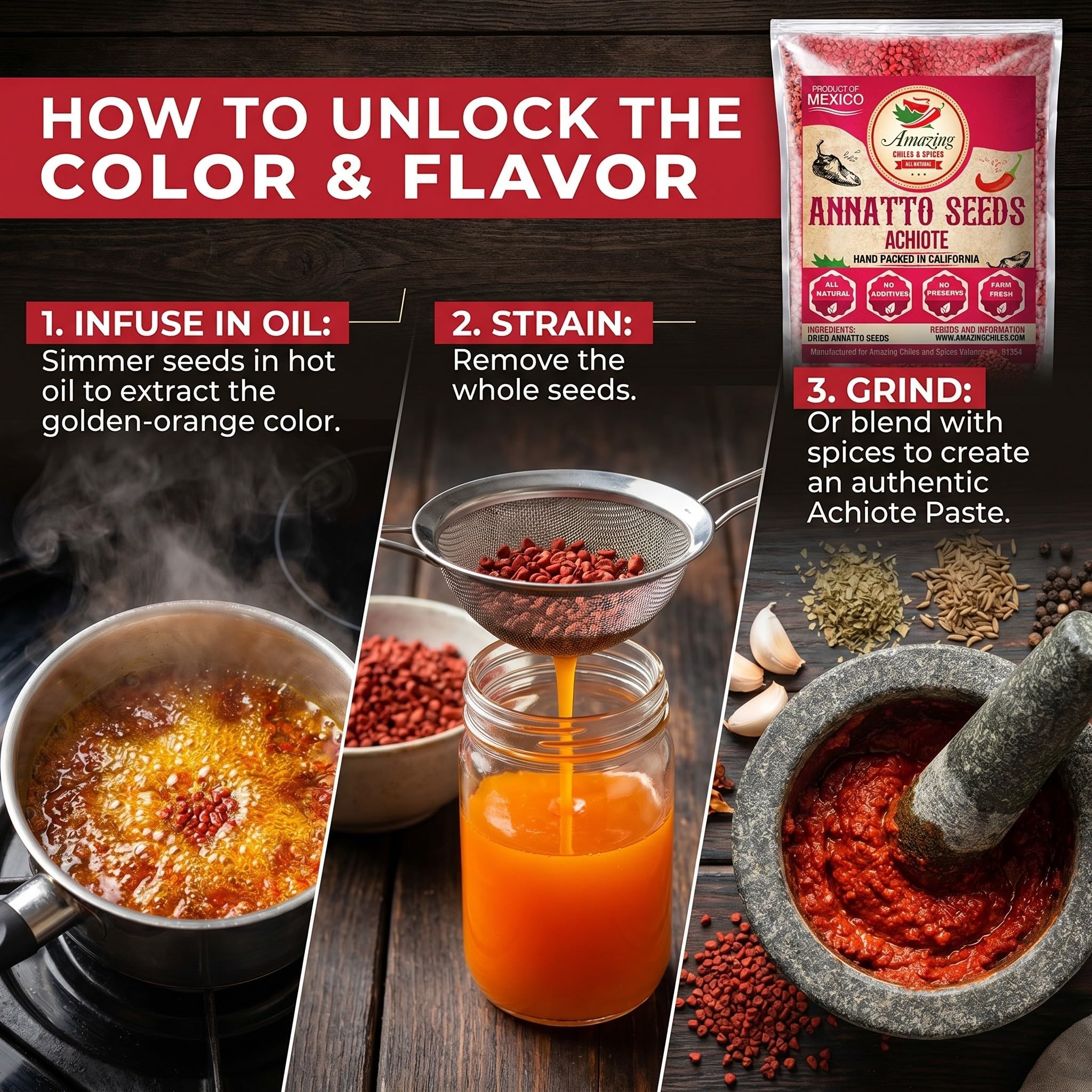 Achiote Seeds - Whole Annatto 4oz. Premium All Natural, Add Color and Mild Flavor in Soup, Stews, Meats and Mexican Recipes