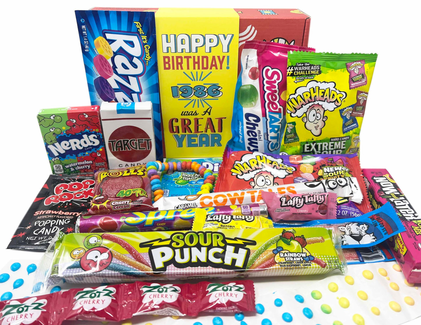 1986 Retro Childhood Candy Gift Basket Box Assortment for 40th Birthday Man or Woman Jr