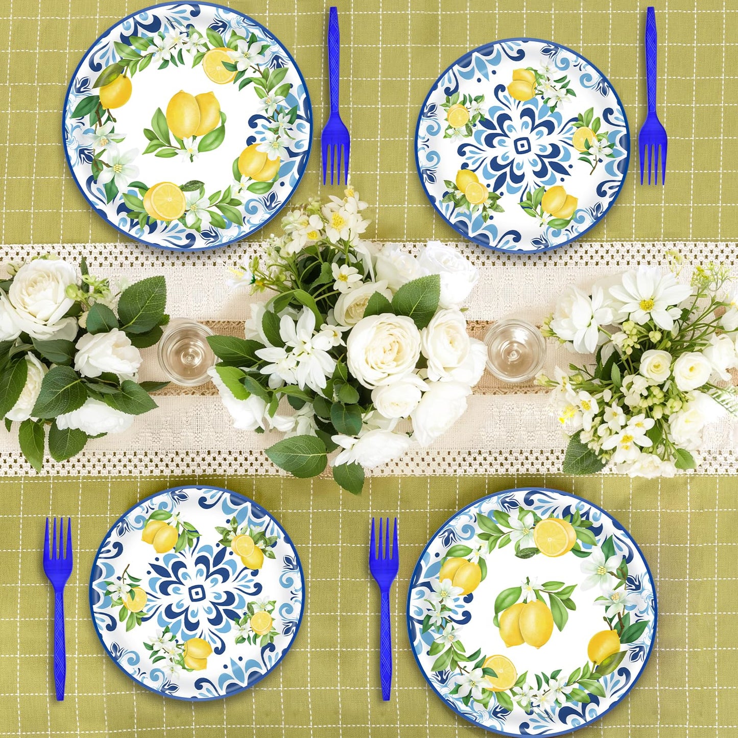 100 Pieces Mediterranean Citrus Party Tableware Set - Blue White Lemon Plates, Napkins and Forks, Disposable Dinnerware for Summer Birthday, Bridal