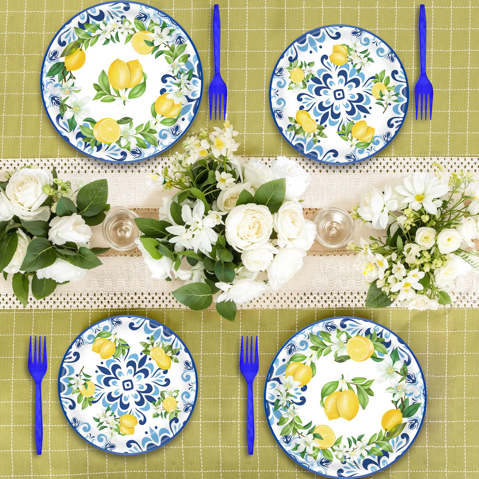 100 Pieces Mediterranean Citrus Party Tableware Set - Blue White Lemon Plates, Napkins and Forks, Disposable Dinnerware for Summer Birthday, Bridal