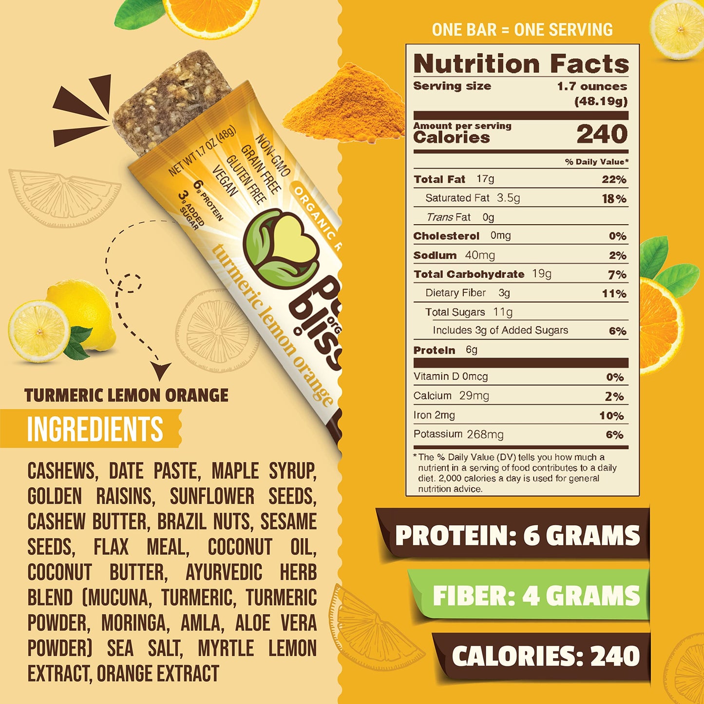Organic Real Food Bars (Turmeric Lemon Orange) Grain Free - Paleo Friendly - Non-GMO, Gluten Free, Vegan, Nutrition Bars, Super Food Energy Bars