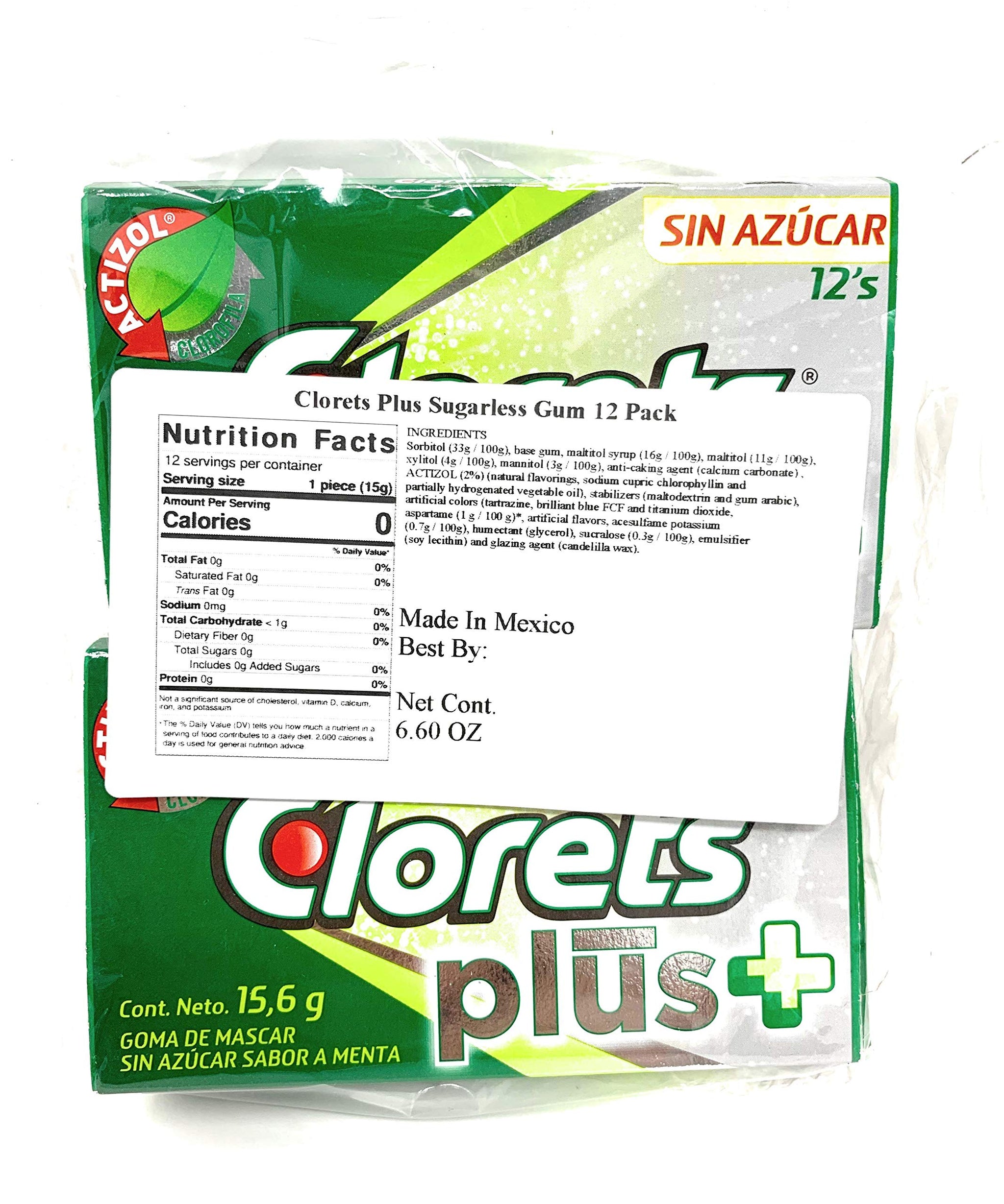 Clorets Plus Sugarless Gum 12pk-Mint Flavor (12 pieces of gum per pack)