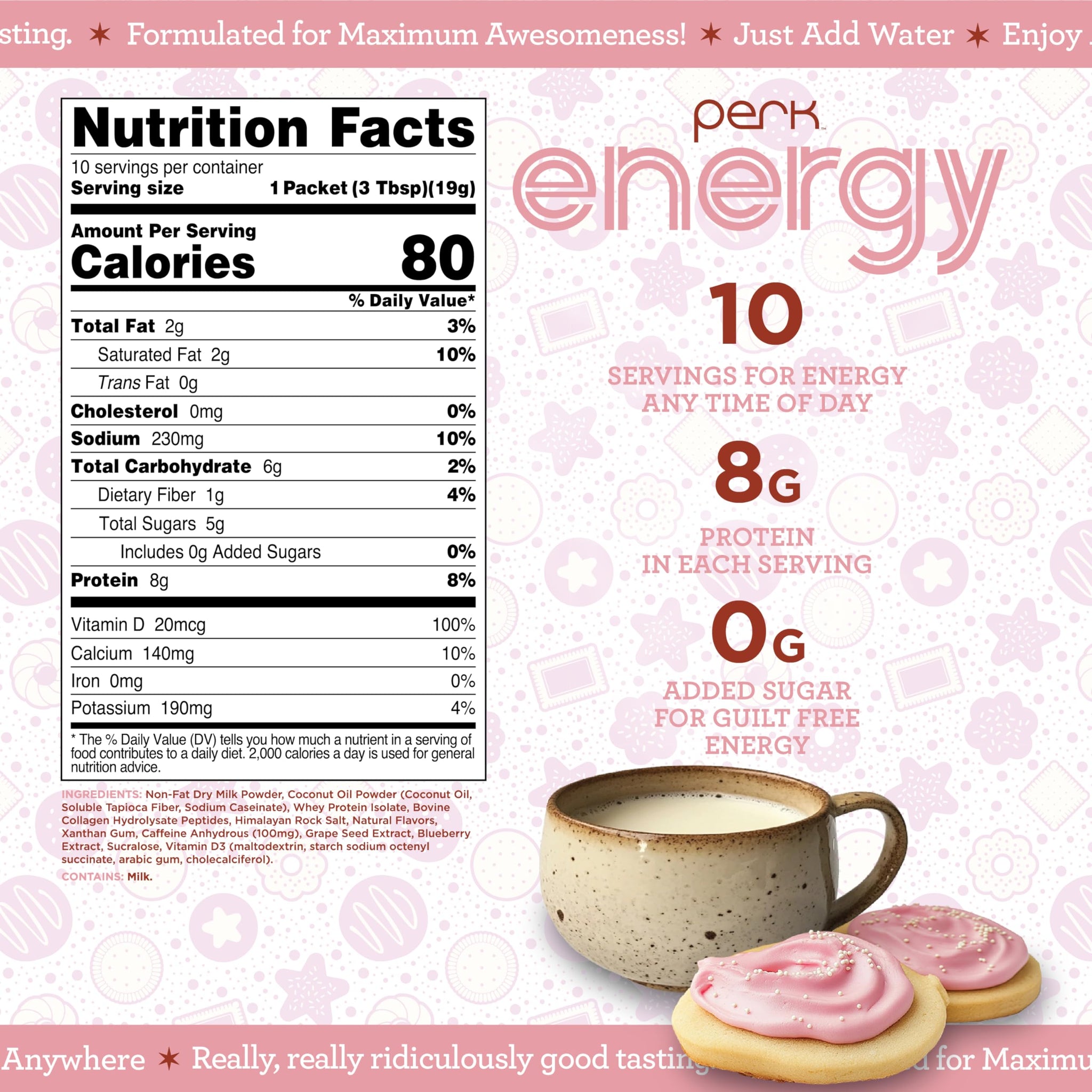 Perk Energy Drink Mix (Sugar Cookie) 10 Stick Packs - Caffeinated Healthy Coffee Alternative with Protein, 100mg of Caffeine, Gluten-Free, Soy-Free