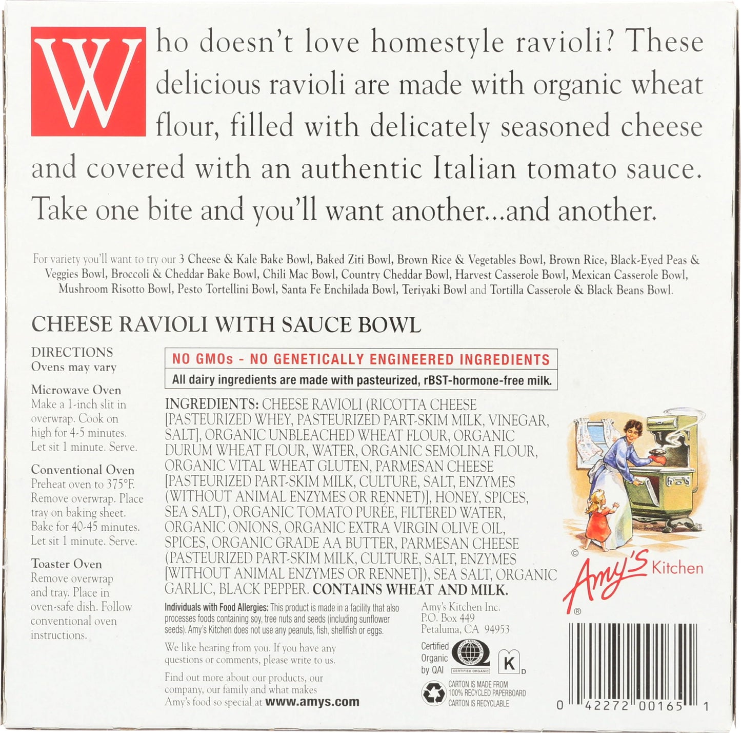 Amy's Frozen Meals, Pasta Bowl, Cheese Ravioli with Tomato Sauce, 9.5 oz.