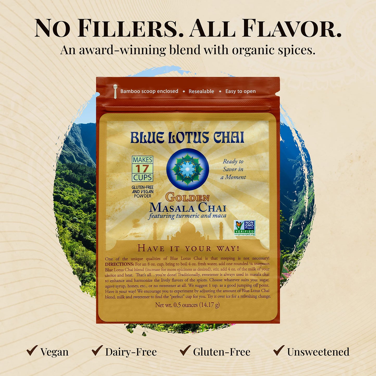 Blue Lotus Chai - Golden Masala Flavor Chai - Makes 17 Cups - 0.5 Ounce Masala Spiced Chai Powder with Organic Spices - Instant Indian Tea No Steeping
