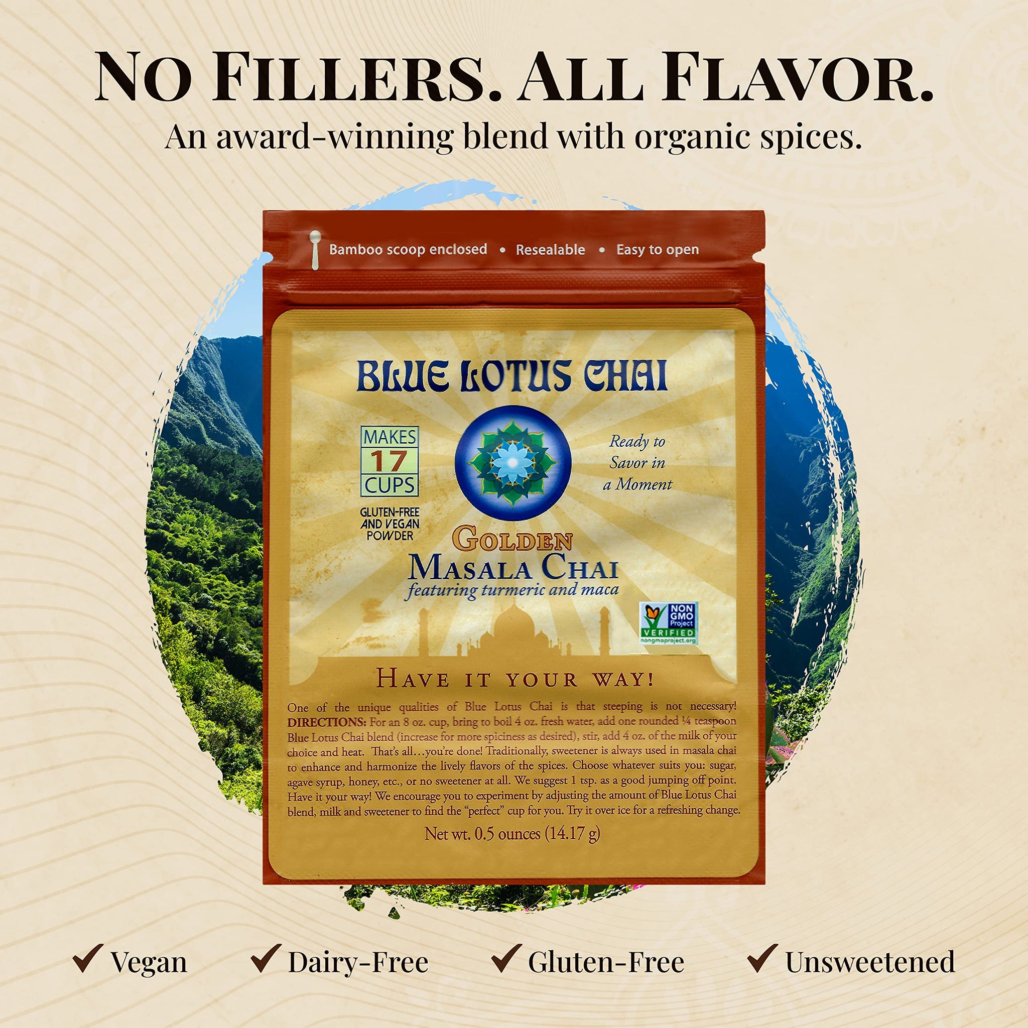 Blue Lotus Chai - Golden Masala Flavor Chai - Makes 17 Cups - 0.5 Ounce Masala Spiced Chai Powder with Organic Spices - Instant Indian Tea No Steeping
