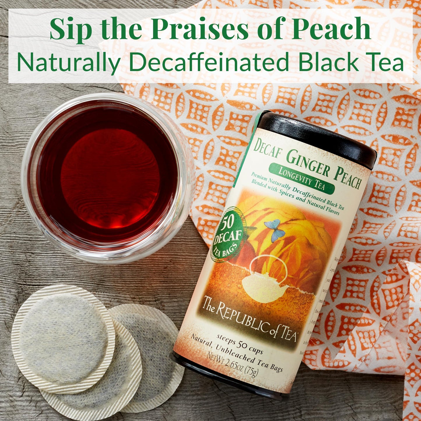 The Republic of Tea - Decaf Ginger Peach Black Tea, Tin of 50 Bags