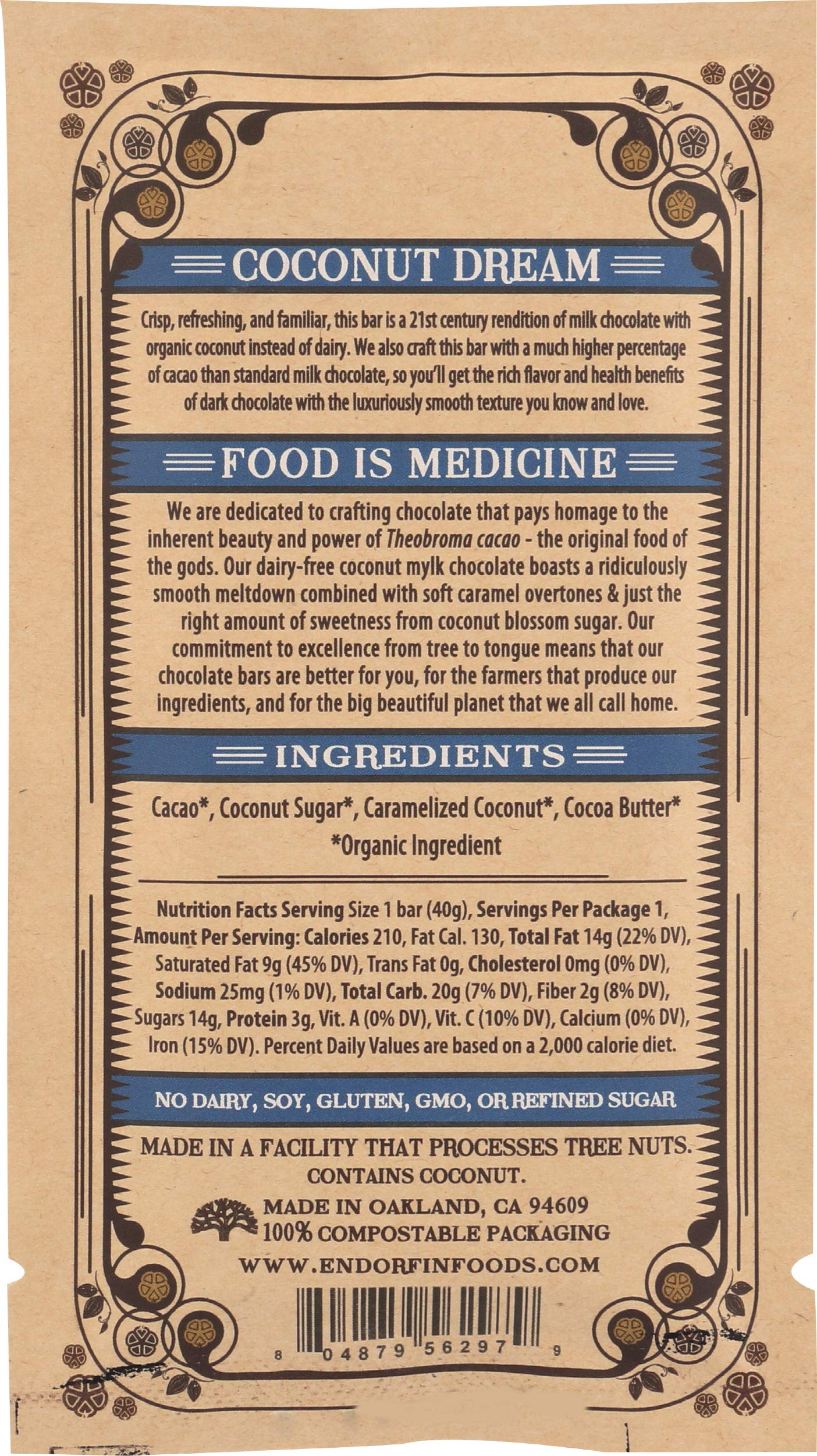Endorfin Foods, Chocolate Bar Coconut Dream 54% Cacao, 1.4 Ounce