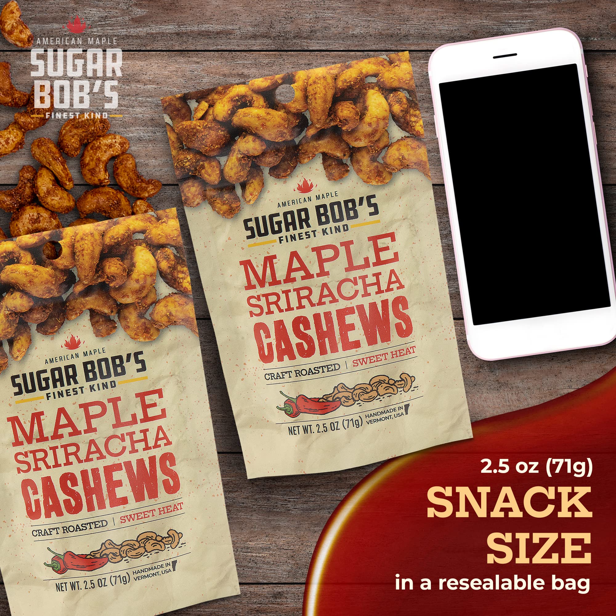 Sugar Bob’s Finest Kind, Maple Sriracha Cashews, Slow Roasted Sweet and Salty Nuts, Handmade in Vermont, 2.5 oz (Pack of 3)