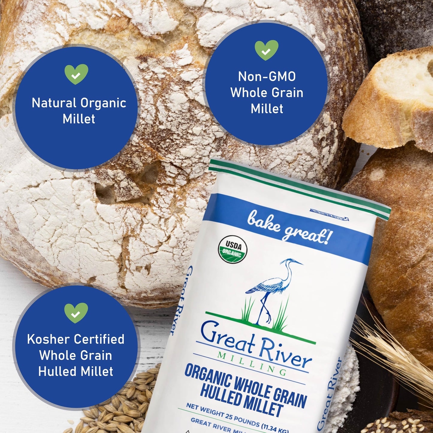 Great River Milling Organic Hulled Millet | Whole Grain Ancient Grain | Gluten-Free, High-Fiber Superfood | Non-GMO, Kosher Certified | Ideal for Salads, Porridge & Baking | 25 Lb (Pack of 1)