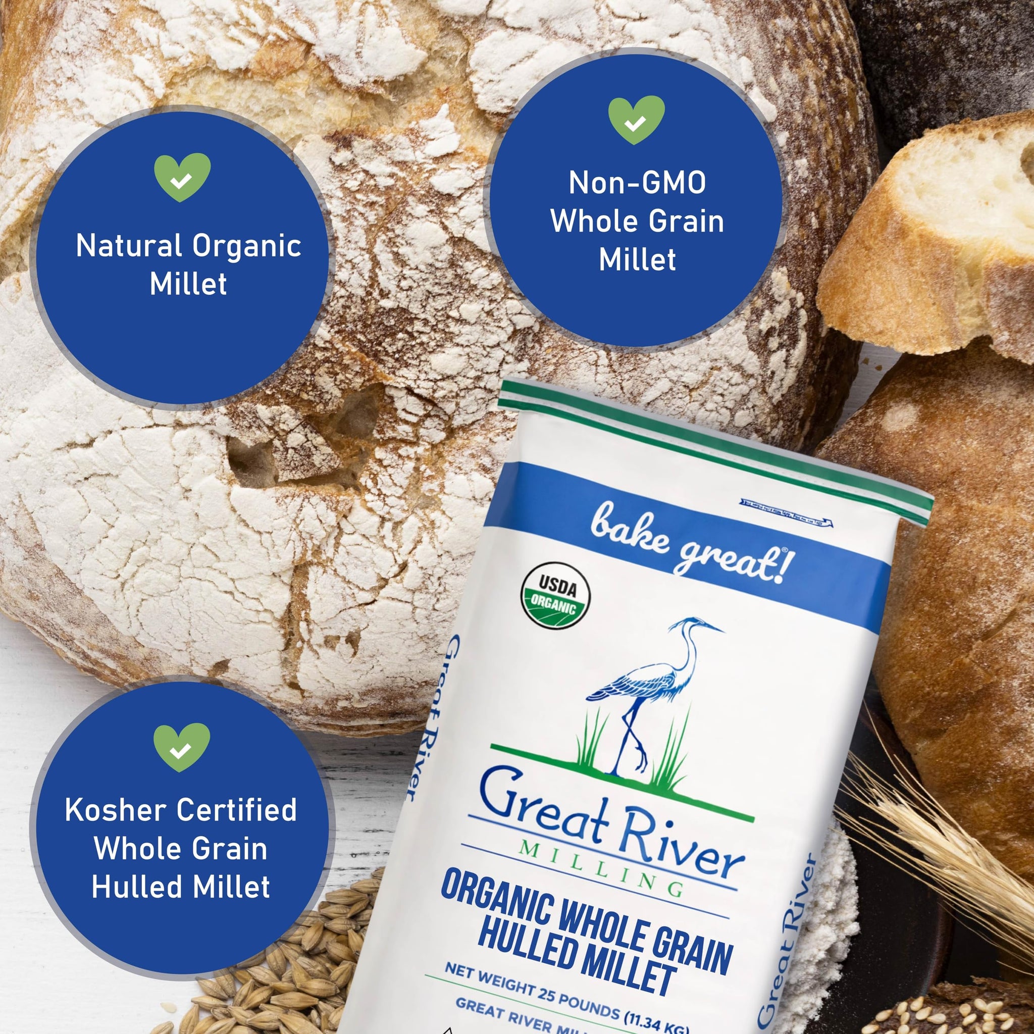 Great River Milling Organic Hulled Millet | Whole Grain Ancient Grain | Gluten-Free, High-Fiber Superfood | Non-GMO, Kosher Certified | Ideal for Salads, Porridge & Baking | 25 Lb (Pack of 1)