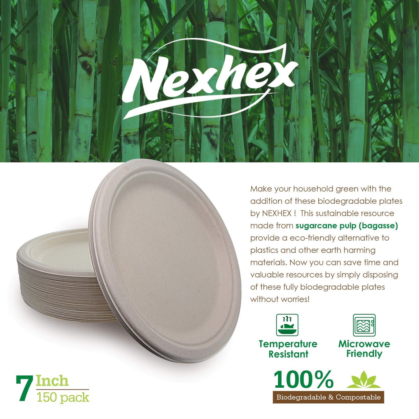NexHex 7" Paper Plates [150-Pack] Brown Compostable Disposable Biodegradable Premium Natural Eco-Friendly Bagasse, Made of Sugar Cane Fibers