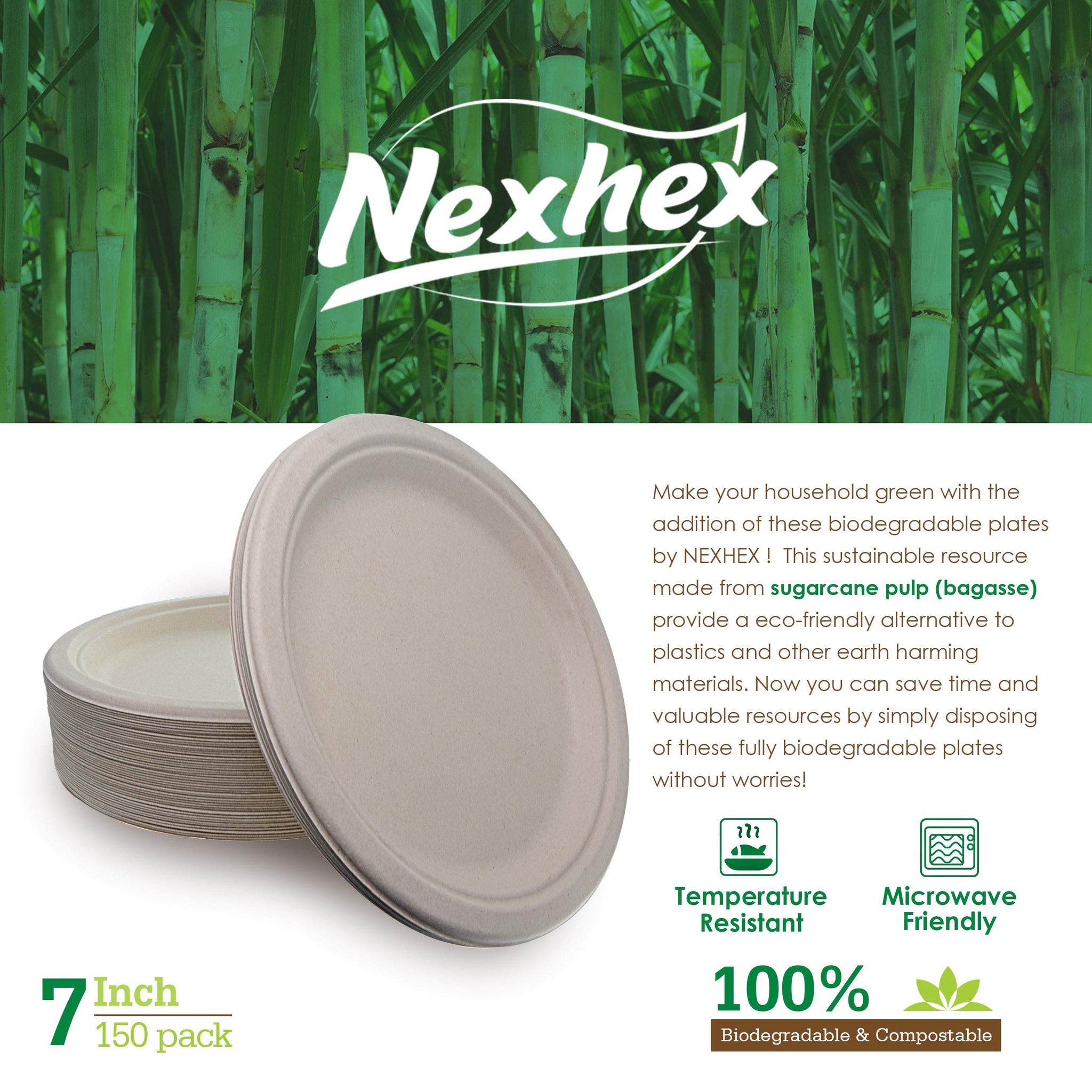 NexHex 7" Paper Plates [150-Pack] Brown Compostable Disposable Biodegradable Premium Natural Eco-Friendly Bagasse, Made of Sugar Cane Fibers