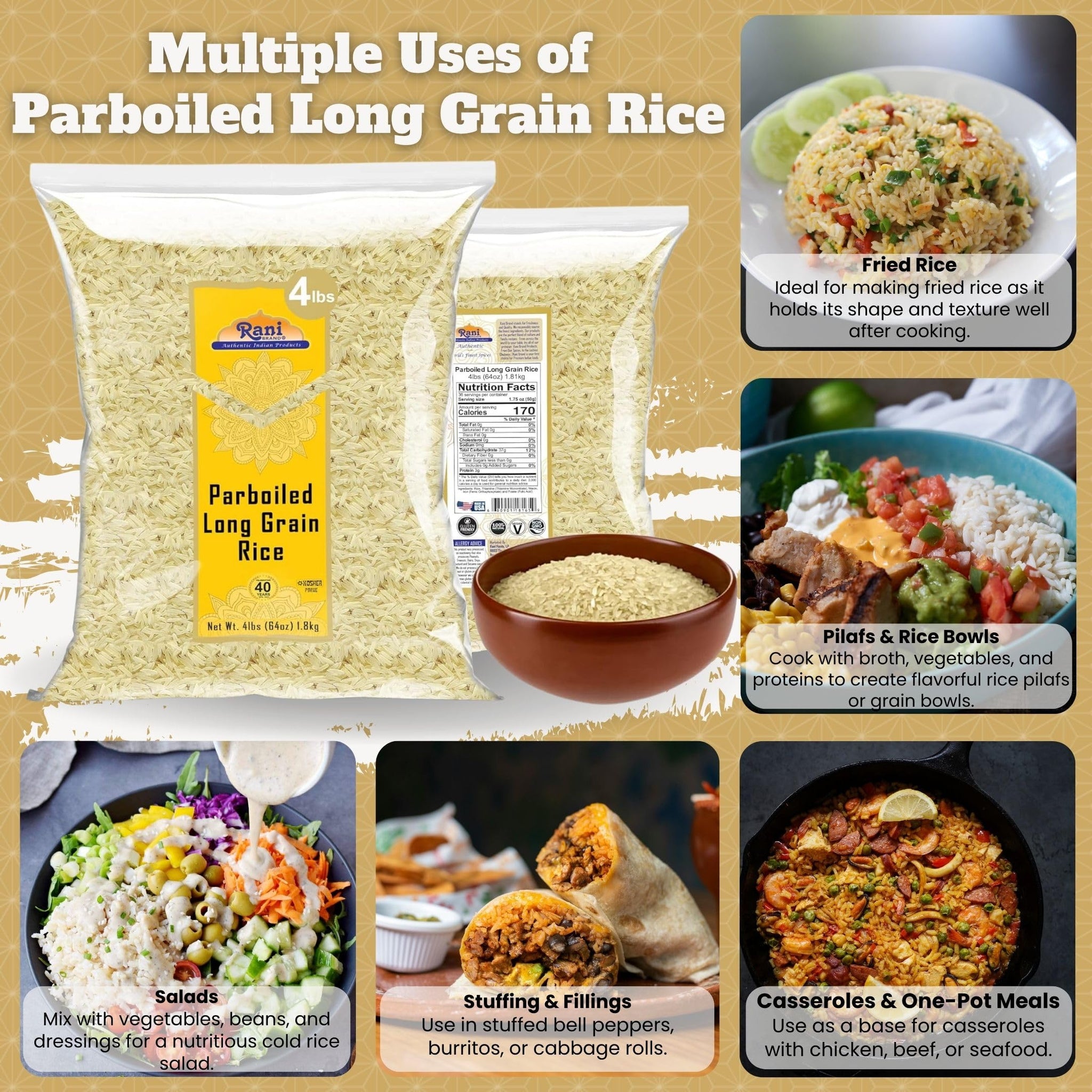 Rani Parboiled Long Grain Rice 64oz (4lbs) 1.81kg Bulk ~ All Natural | Gluten Friendly | Vegan | Non-GMO | Kosher | Product of USA
