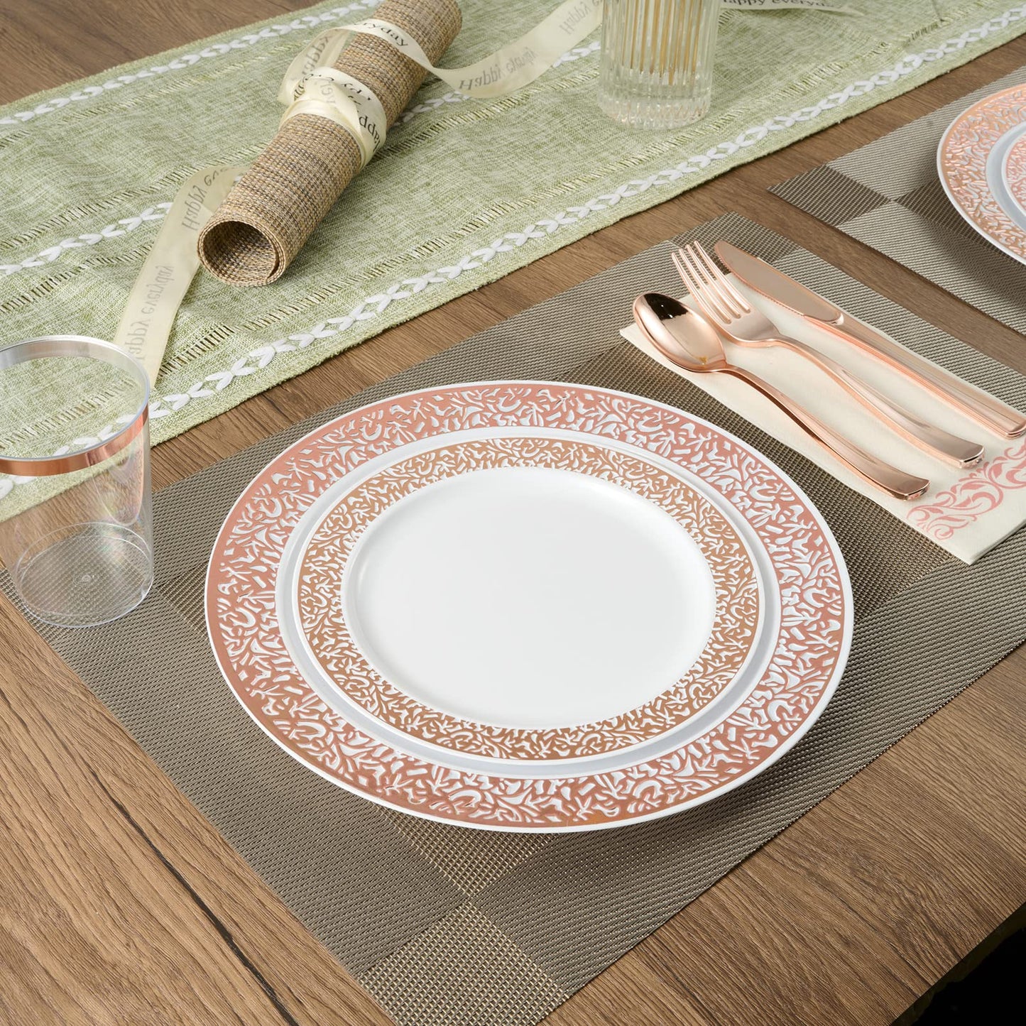 FOCUSLINE 350 Ct Rose Gold Dinnerware Set for 50 Guests, Rose Gold Lace Plastic Plates Disposable Heavy Duty, Including 50 Dinner & Dessert Plates