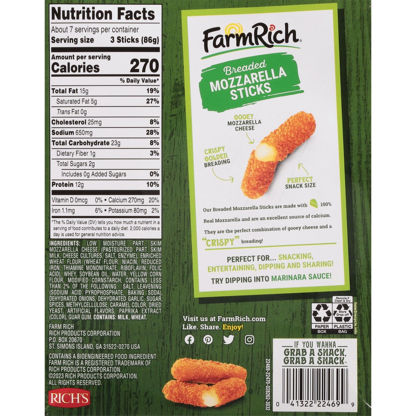 Farm Rich Breaded Mozzarella Cheese Sticks - Delicious Frozen 22 oz Party Appetizer & Snack, Made with 100% Real Mozzarella