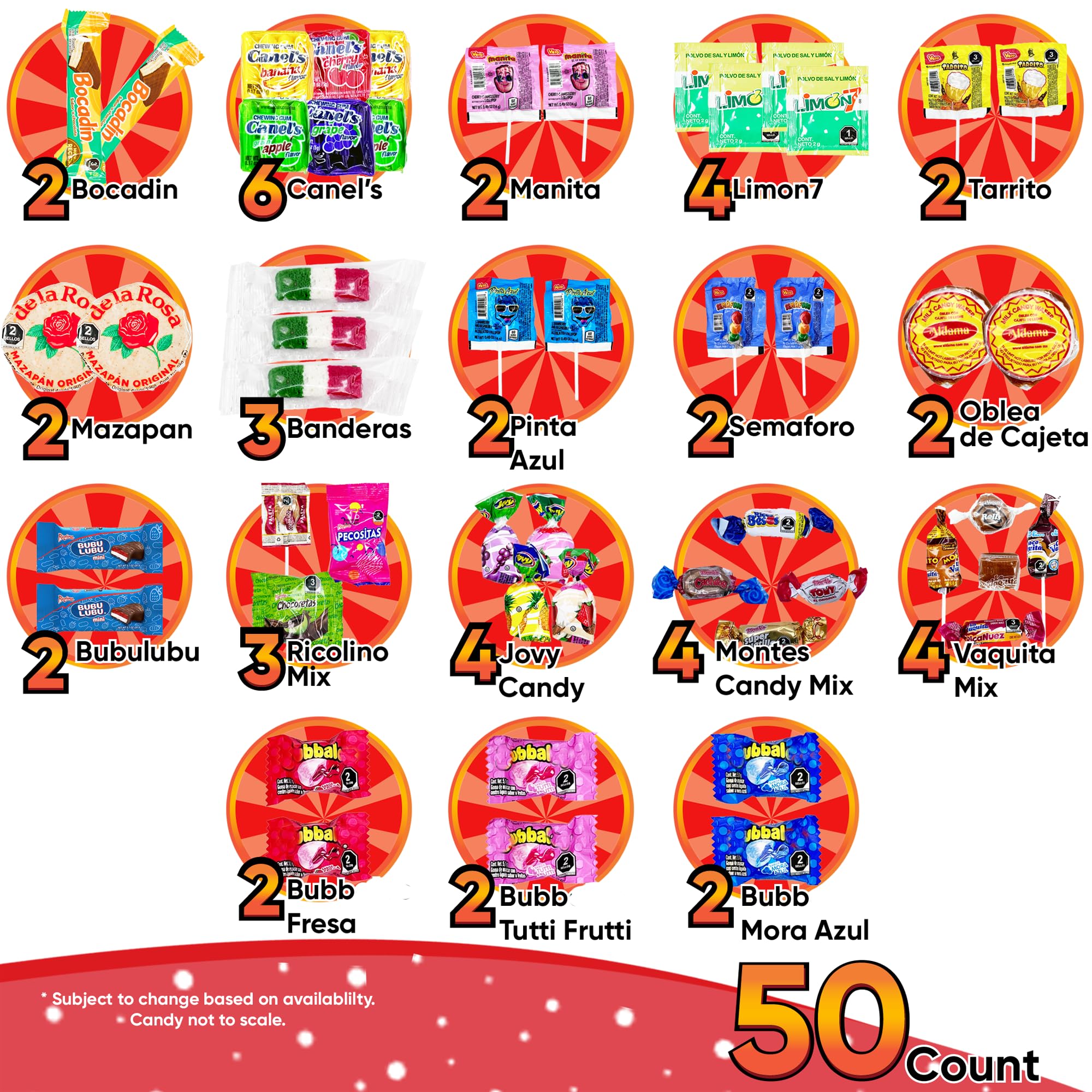 Mexican Candy Variety Pack (50 Count) Non-Spicy, Dulces Mexicanos, Mexican Snacks, with Obleas, Bubulubu, Vero Candy, Mazapan, by Sabores de Mexico