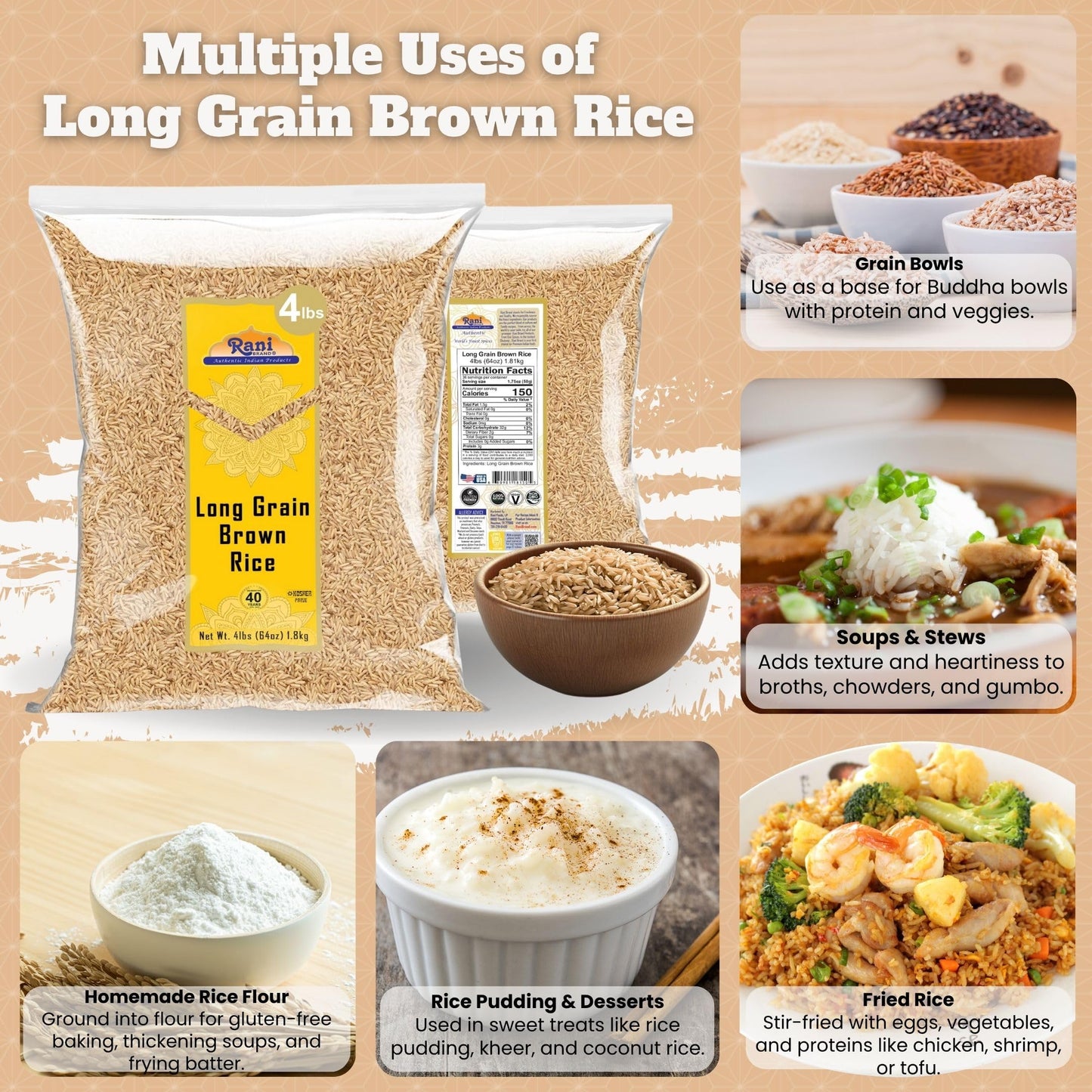 Rani Long Grain Brown Rice 64oz (4lbs) 1.81kg Bulk ~ All Natural | Gluten Friendly | Vegan | Non-GMO | Kosher | Product of USA