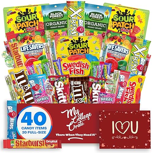 College Valentine's Day Candy Snack Box (40 Full Size Variety Gift Basket Care Package) My College Crate