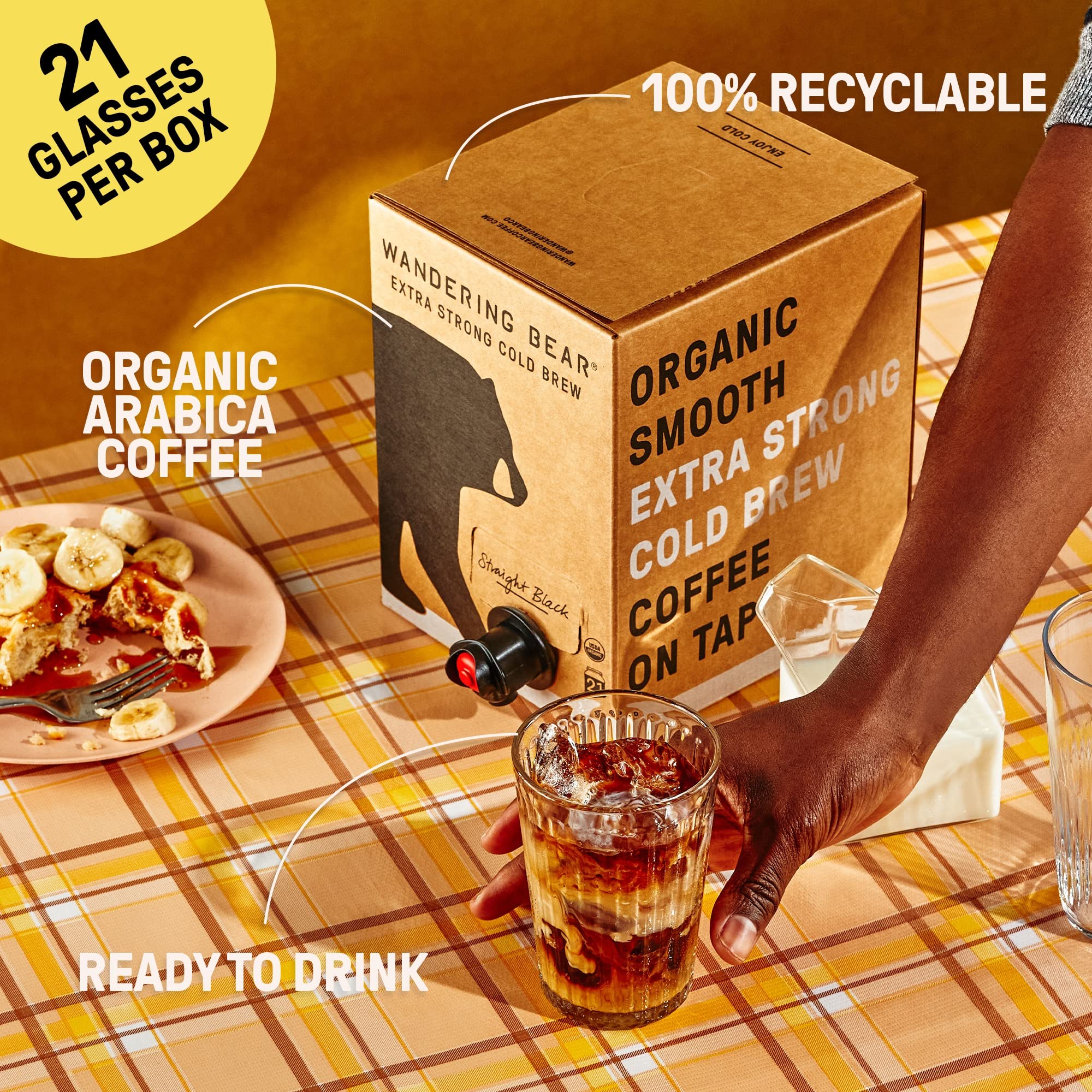 Wandering Bear Extra Strong Organic Cold Brew Coffee On Tap, Straight Black, 128 fl oz (1 gallon) - 2 Pack - Smooth, Unsweetened, Shelf-Stable